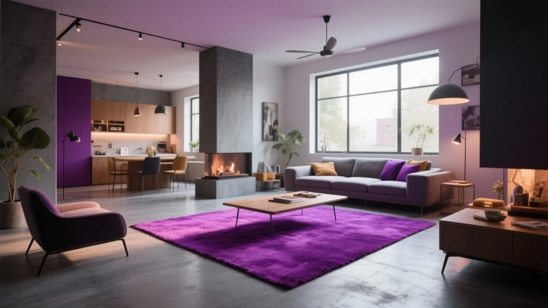 6. Purple Area Rug on Grey Concrete Floor