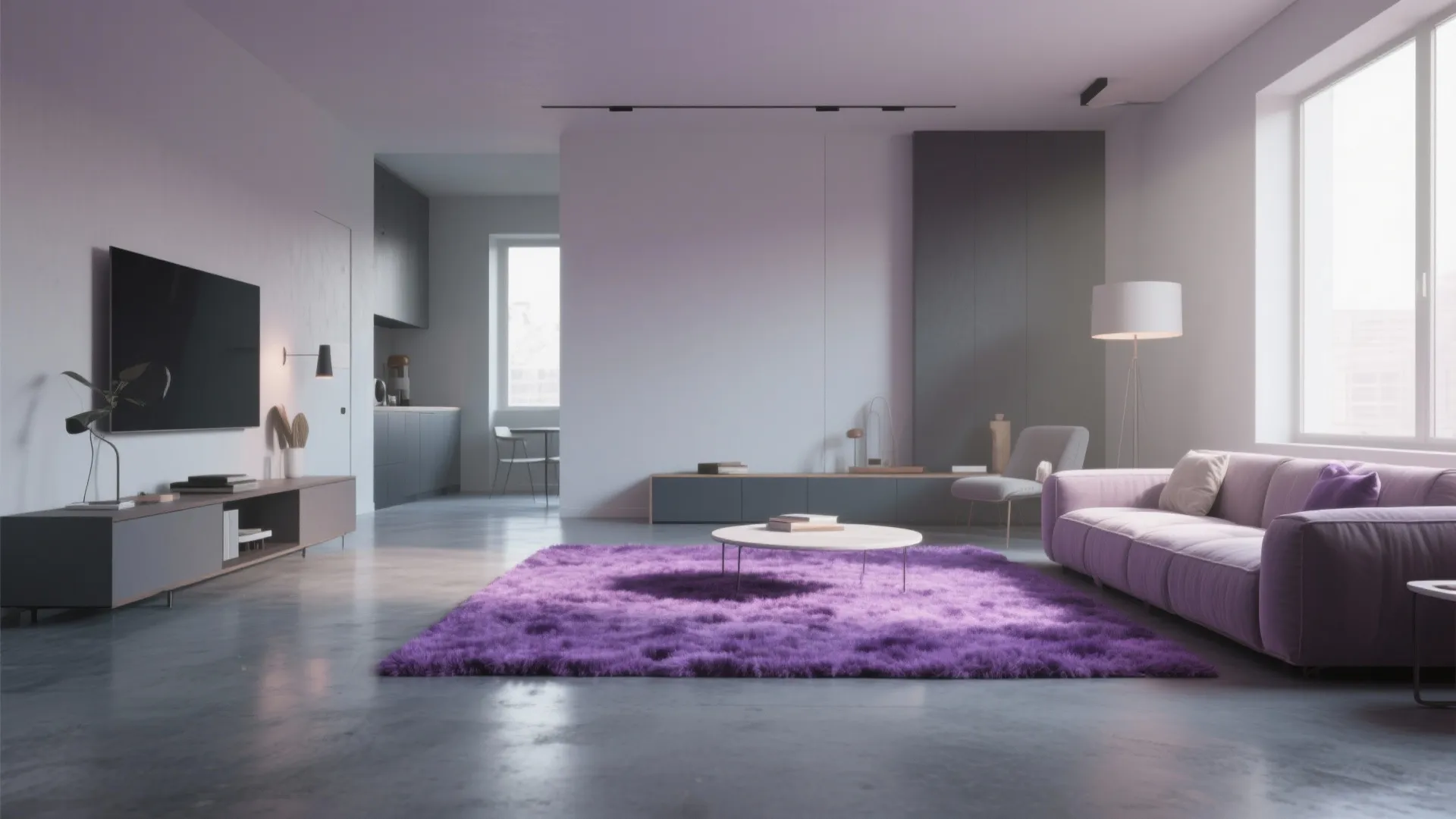 5. Purple Area Rug on Grey Floors
