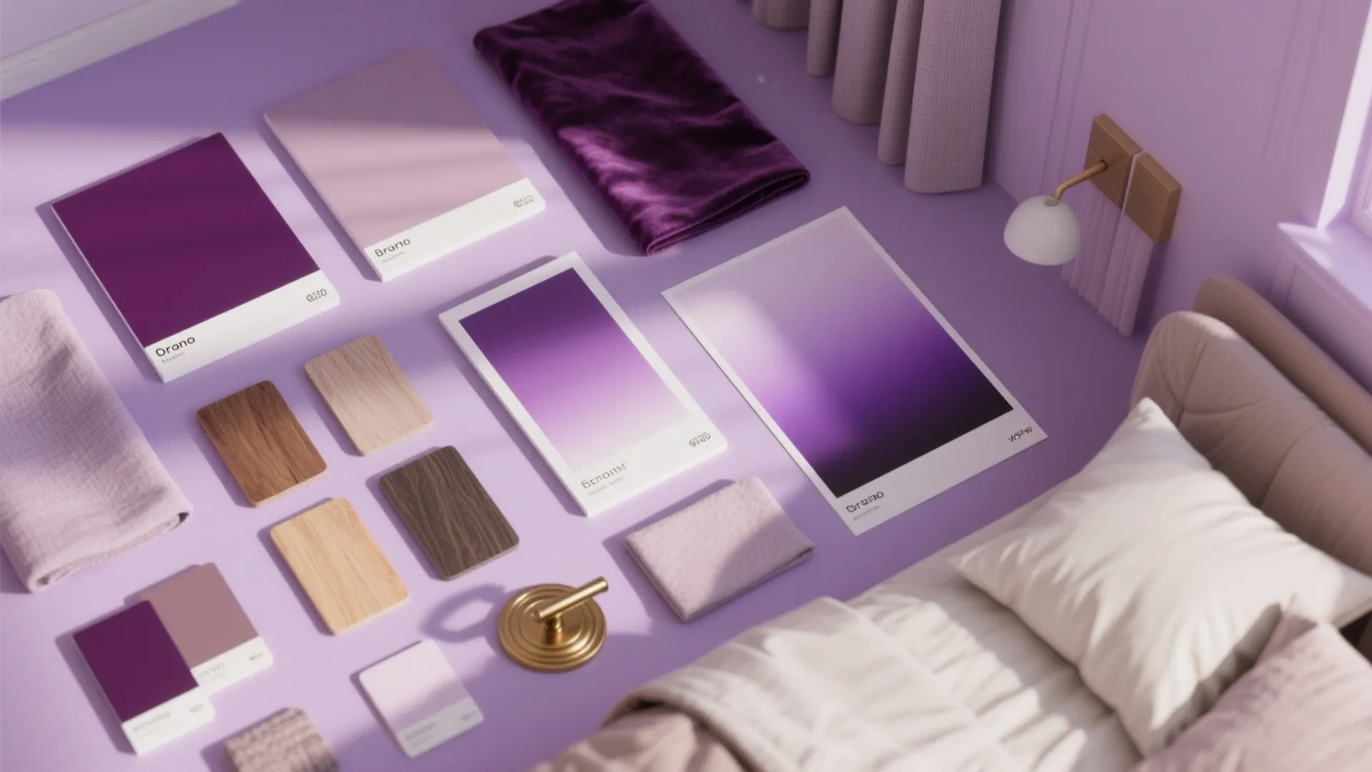 Purple interior design mood board with color cards fabric samples wood pieces and small wall light