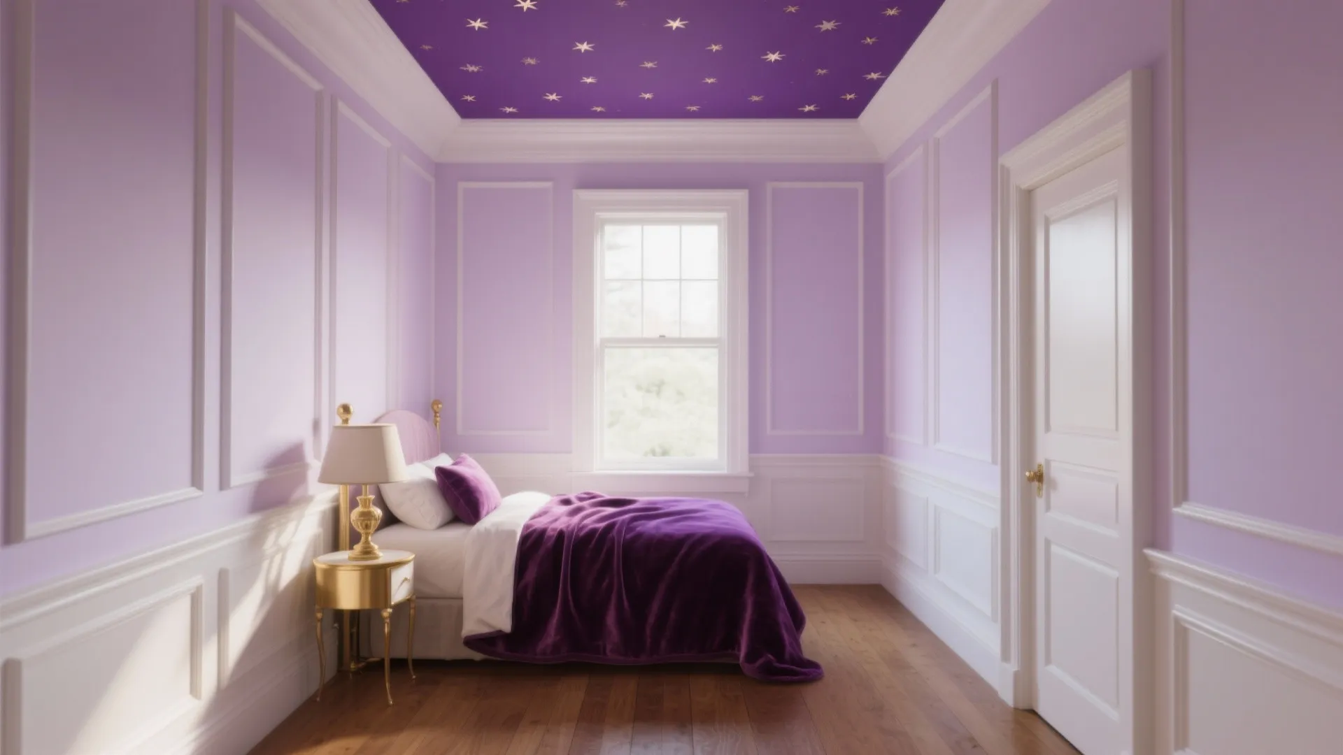 Purple bedroom with white wall panel gold bedside table small window and star pattern ceiling