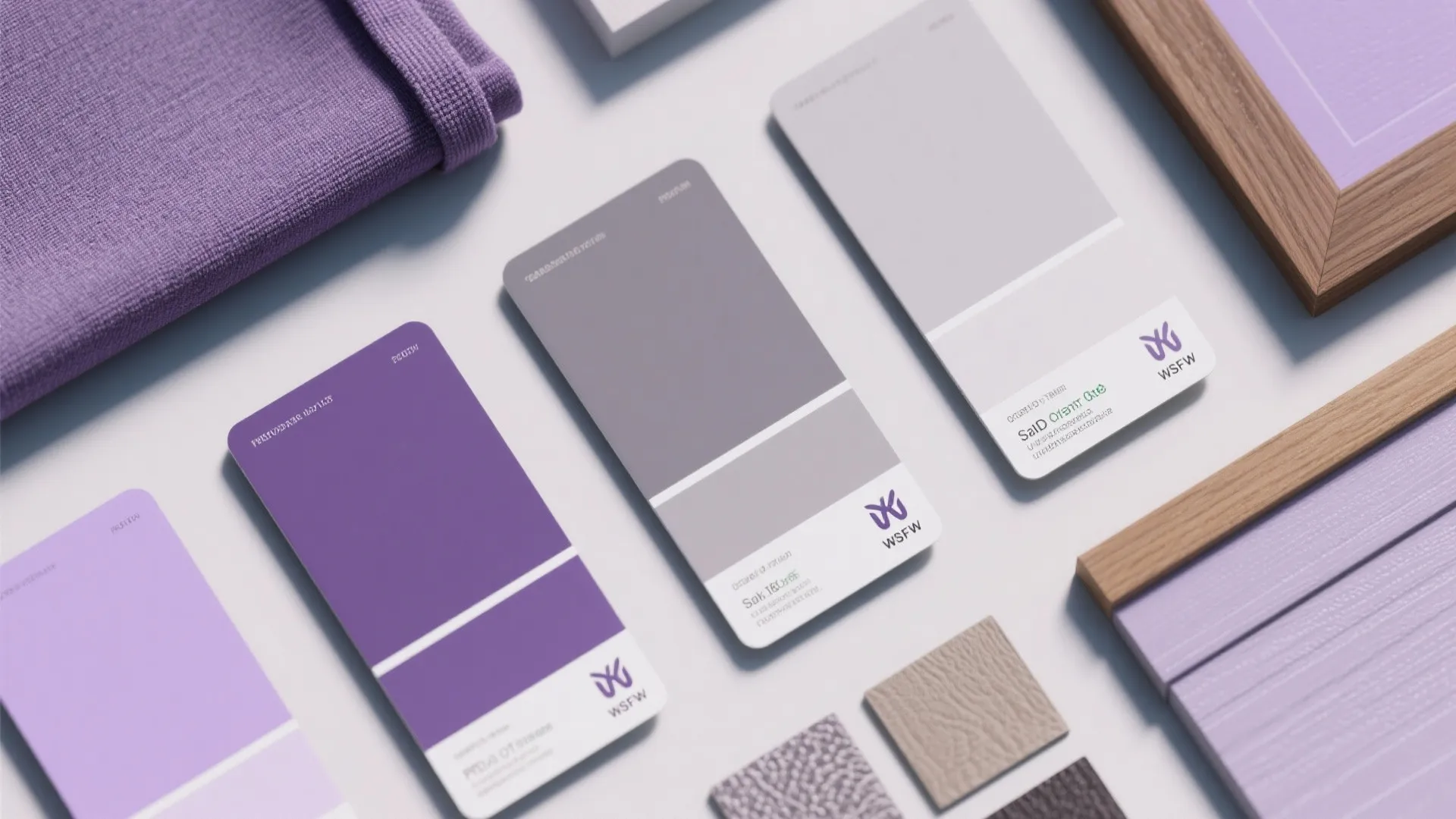 Collection of purple and grey paint color swatches with fabric samples for interior design planning
