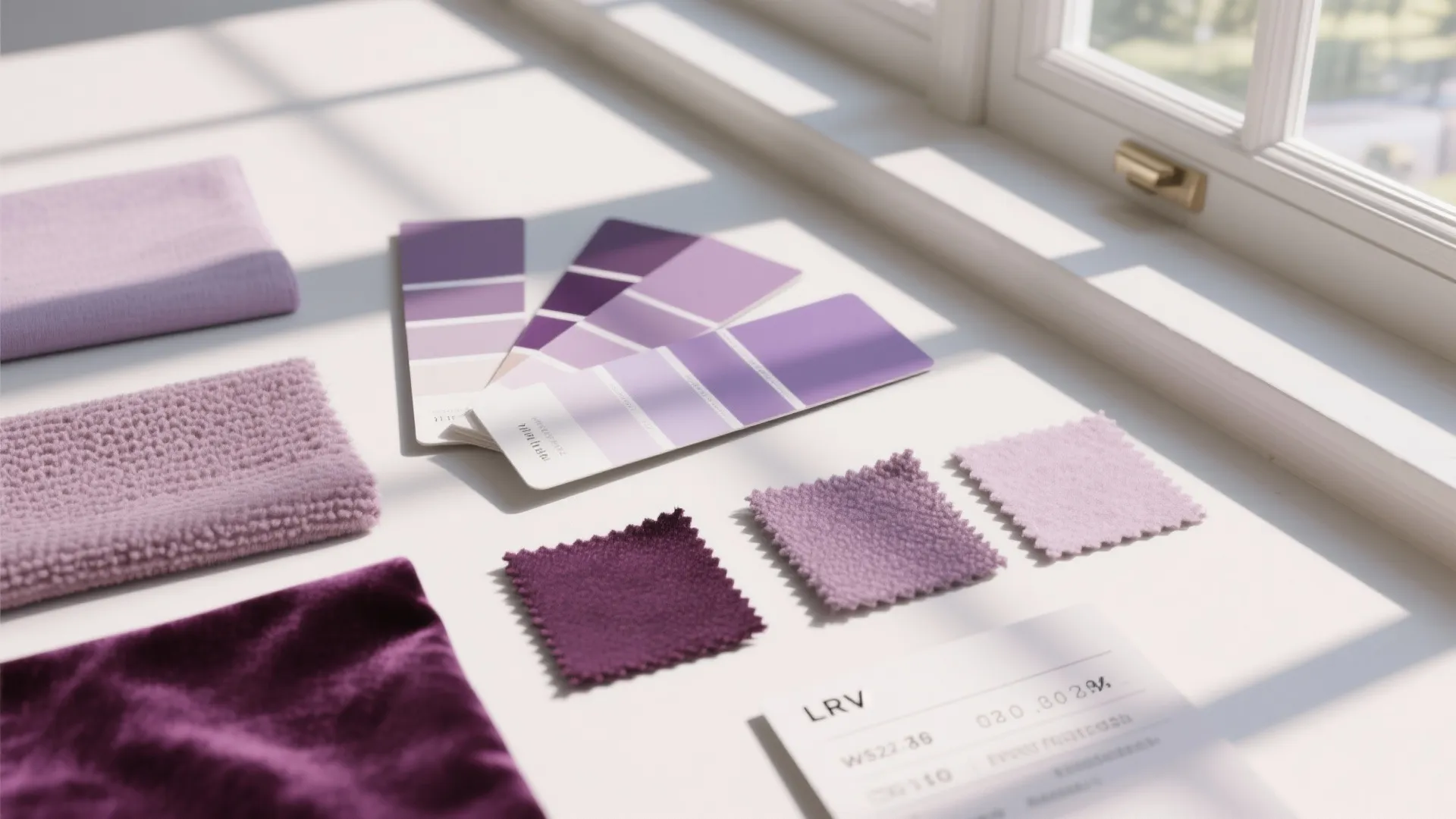 Top-down view of lavender, mauve and plum paint swatches and fabric samples beside a window to compare how light affects purple tones.