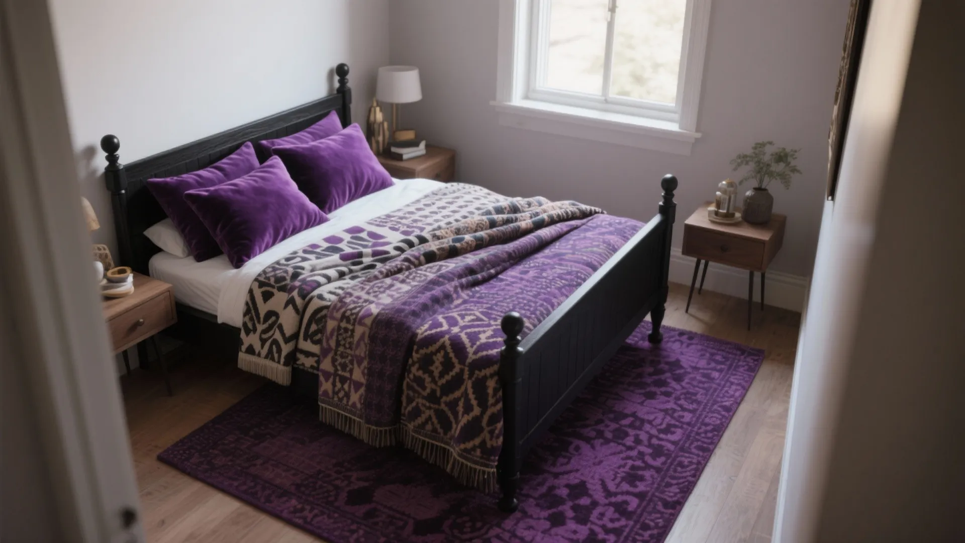 Inspiration 3: Purple Textiles and Patterned Rugs on Dark Furnishings