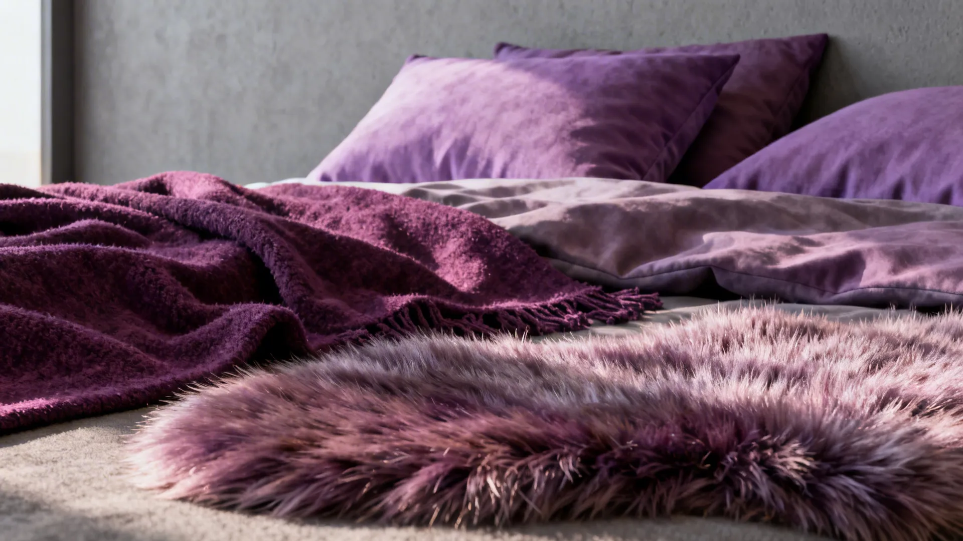 Close-up of plum throw and lilac pillows against a gray wall showing layered textures.