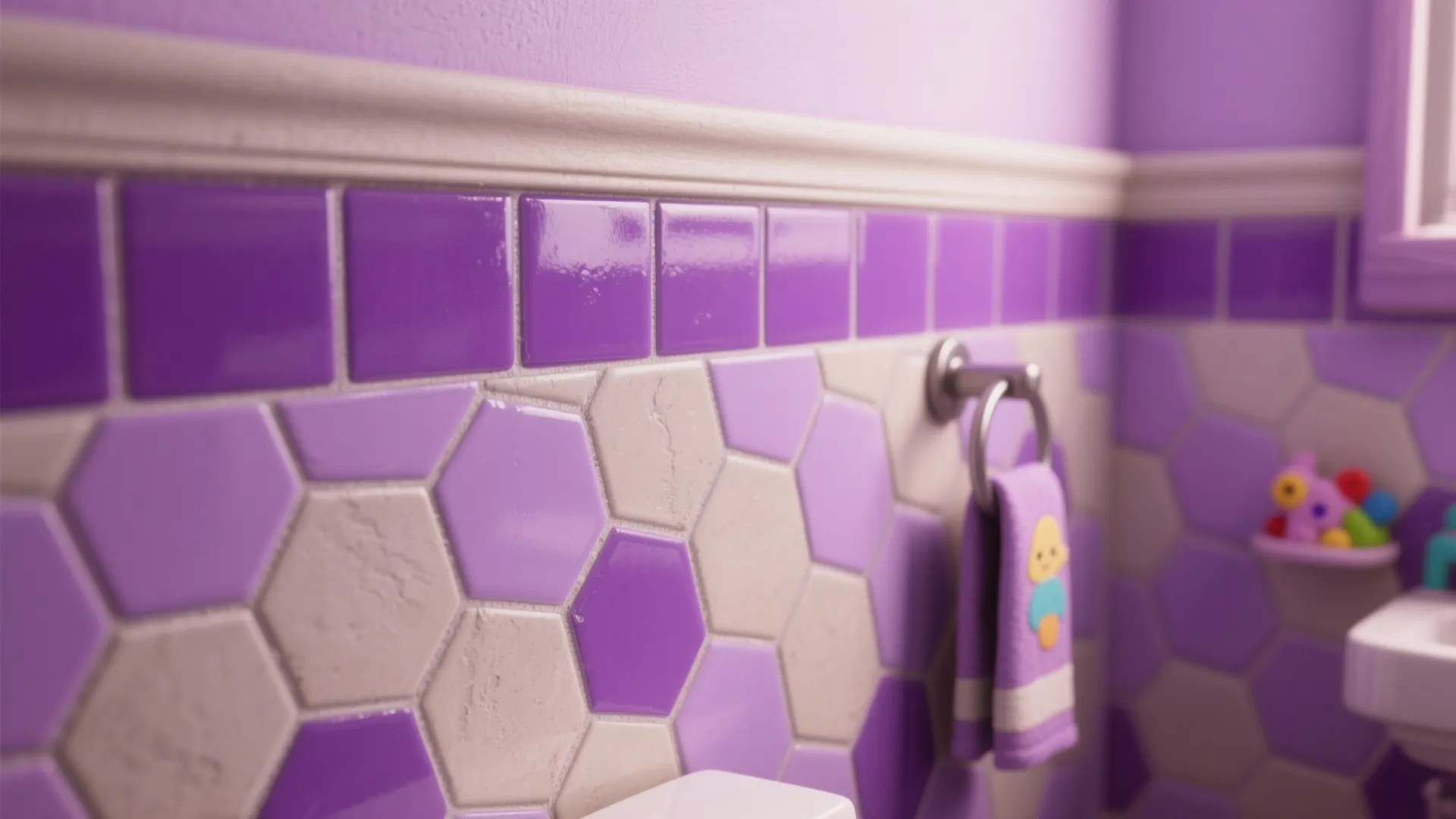 3. Purple Tiles with Neutral Grout
