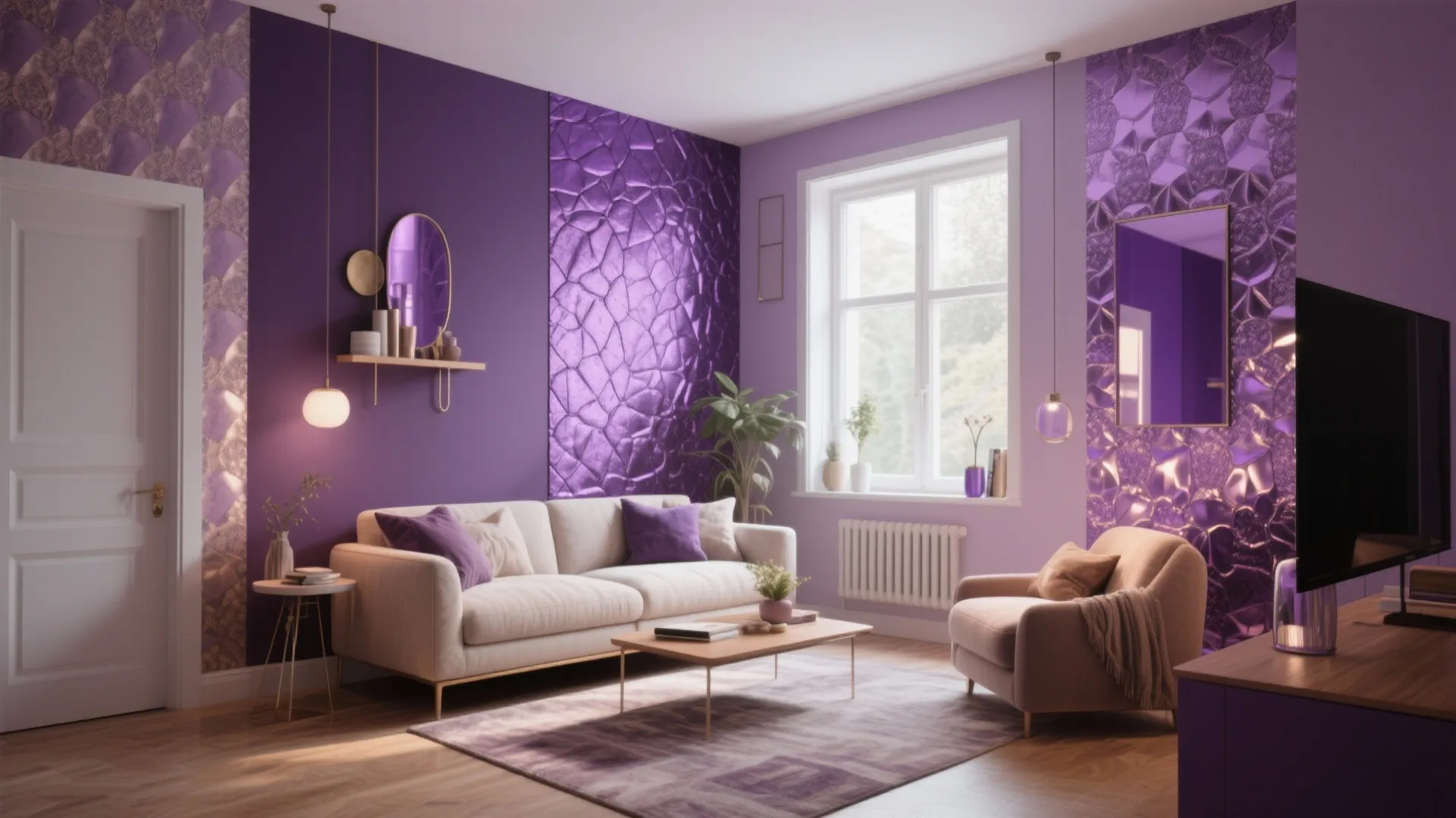 Living room with white sofa textured purple wall panels wooden floor window and small coffee table