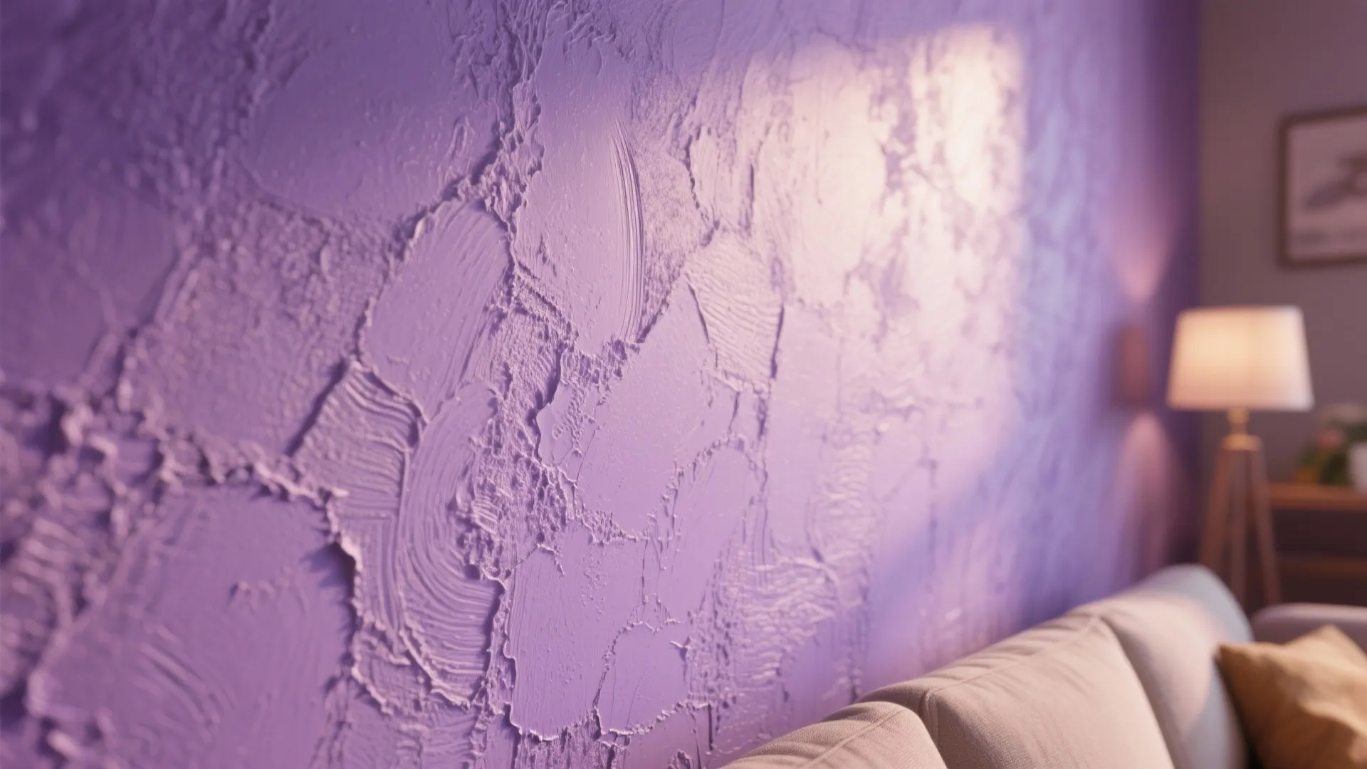 Close up view of purple textured wall paint with light and shadow in a modern living