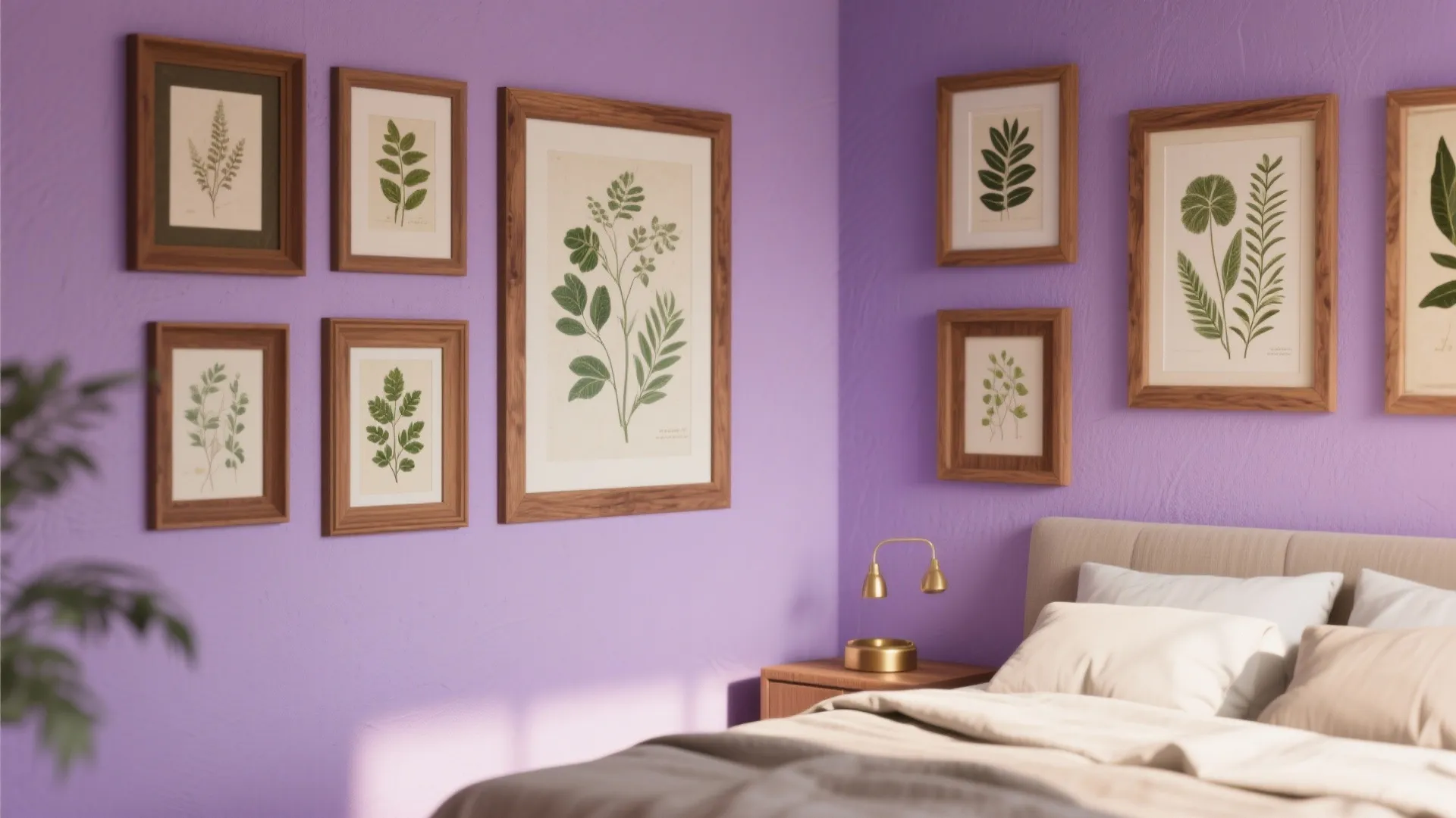 Purple bedroom wall decorated with several wooden frames showing green botanical leaf prints above bed