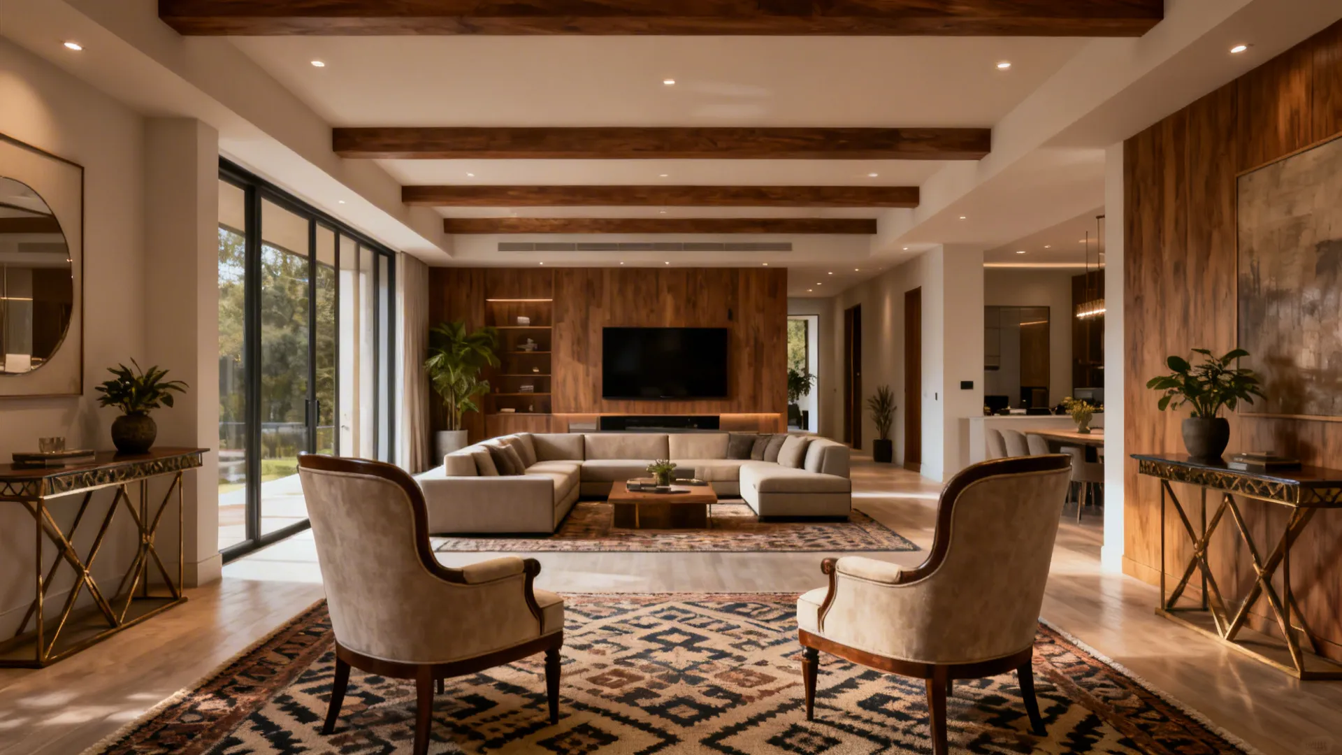 Compact home showing a formal living area and a casual family zone with clear traffic flow and distinct furniture arrangements.