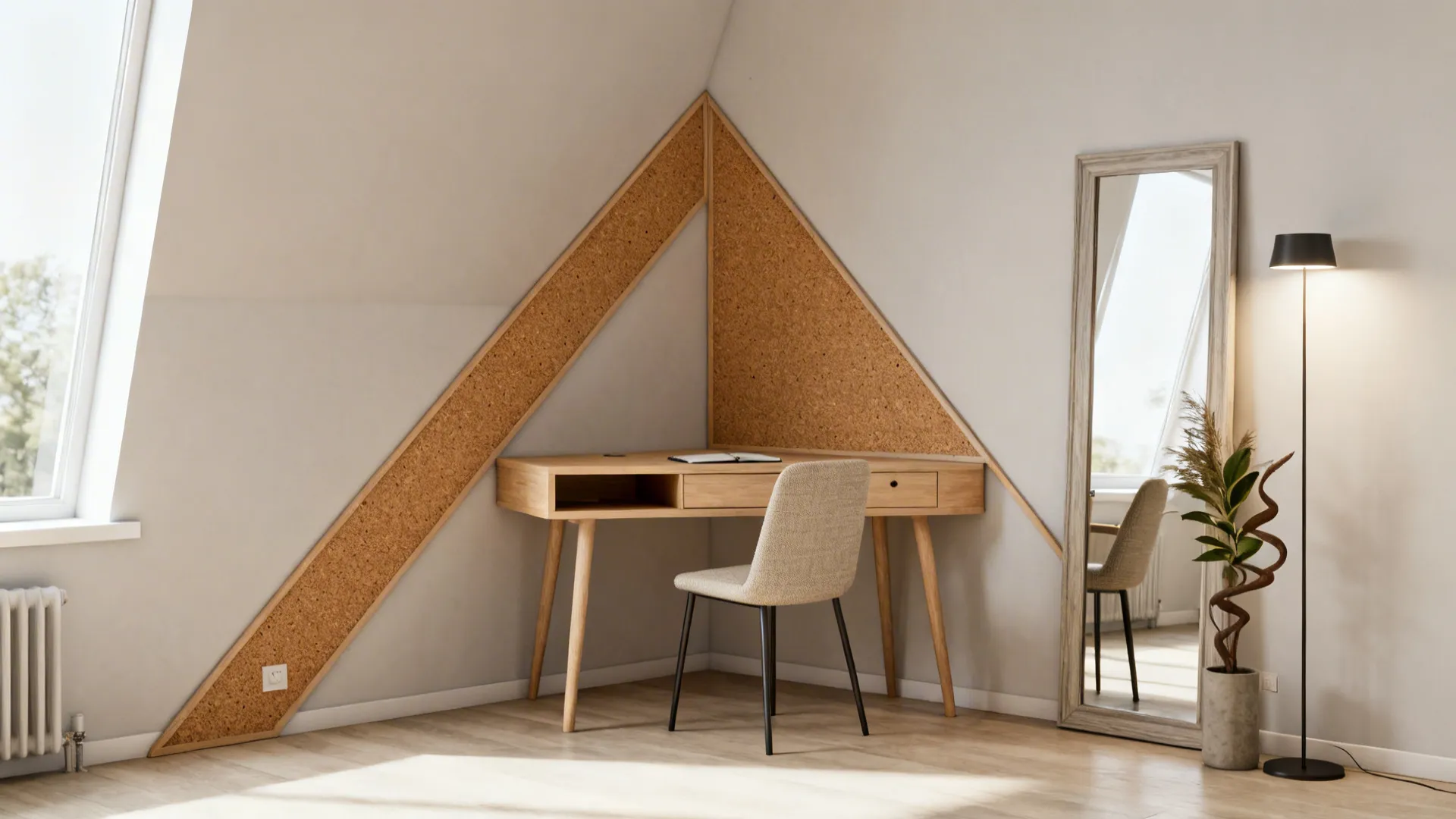 Triangular room with a custom corner desk and cork board neatly fitted into the acute angle.