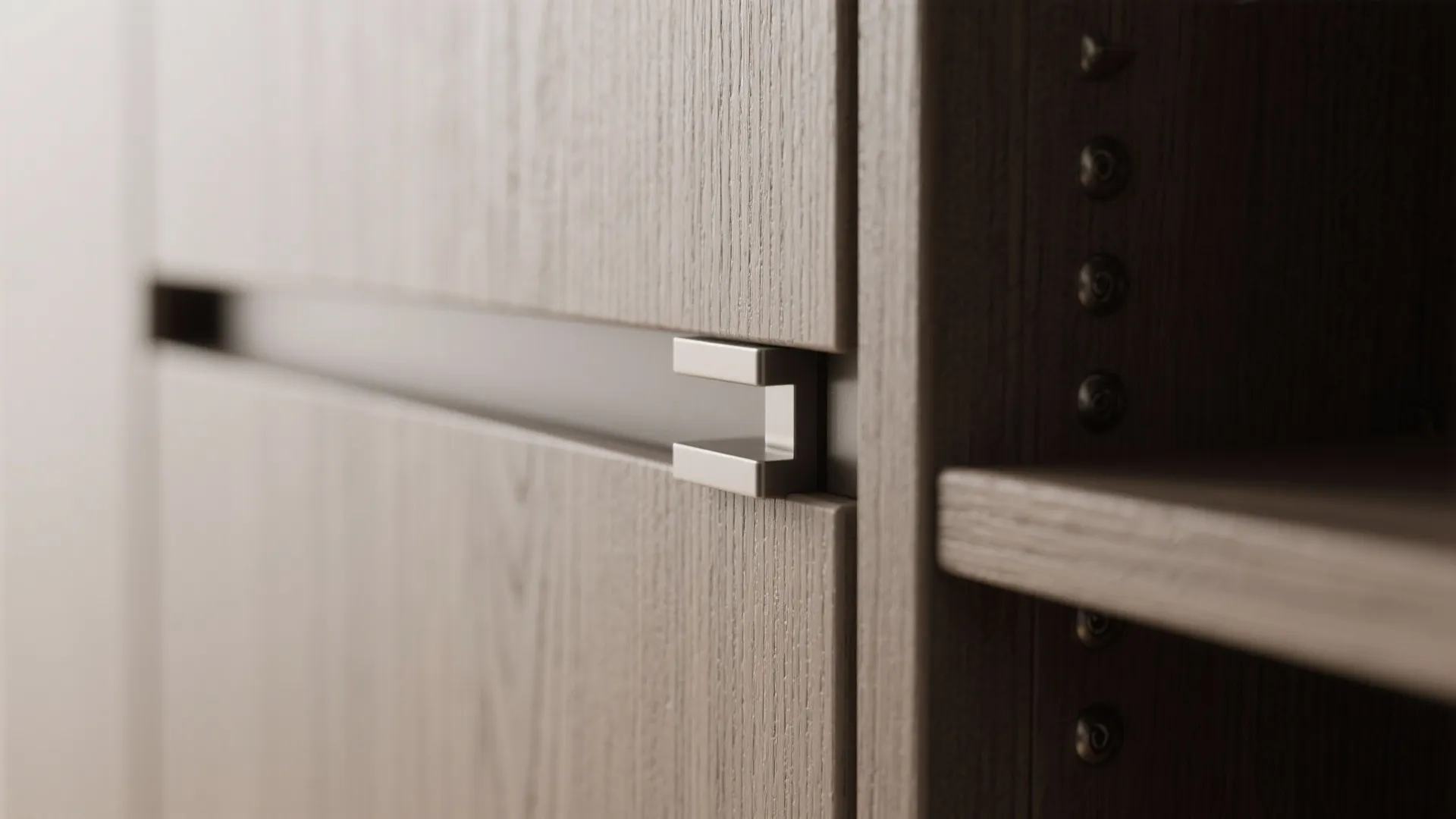 4) Integrated storage wall with hidden door (flush panel)