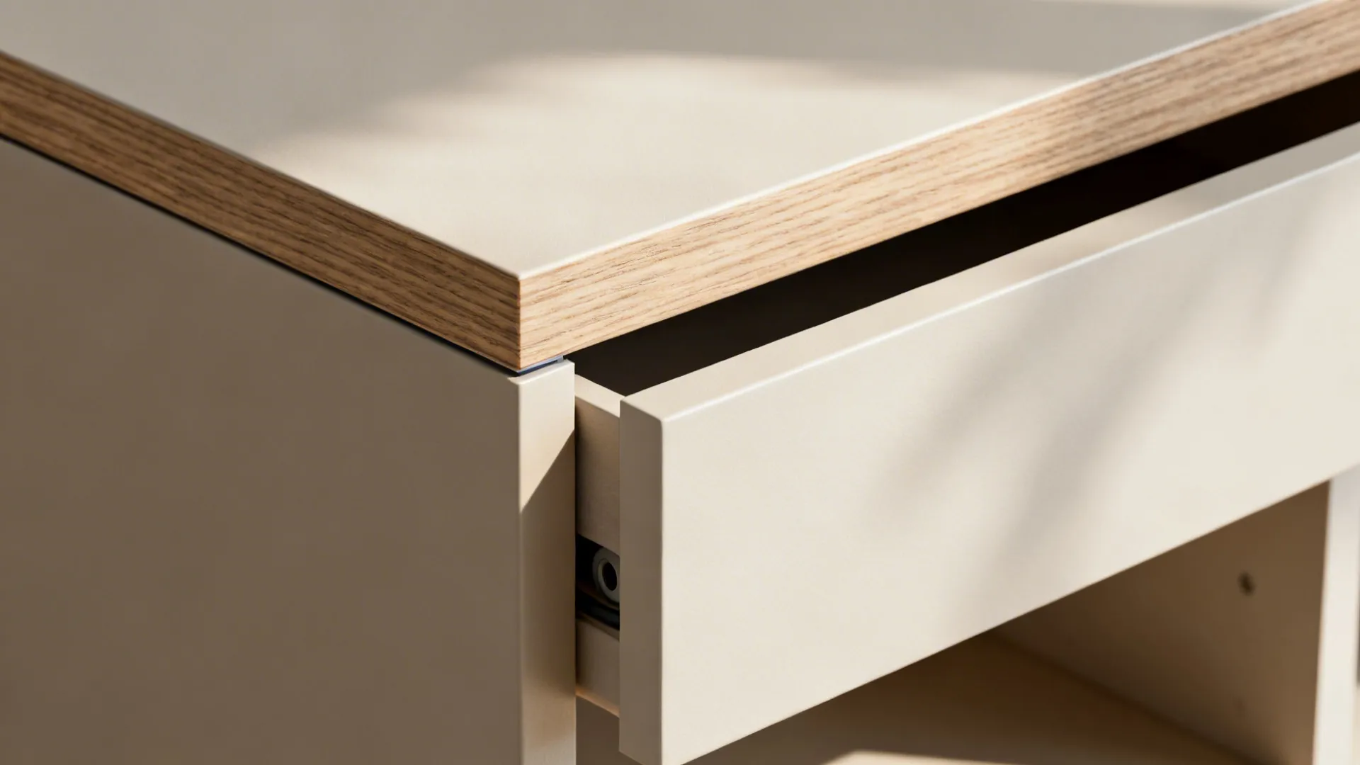 Macro detail of a matte lacquer push-to-open drawer and hidden cable grommet below a floating shelf.