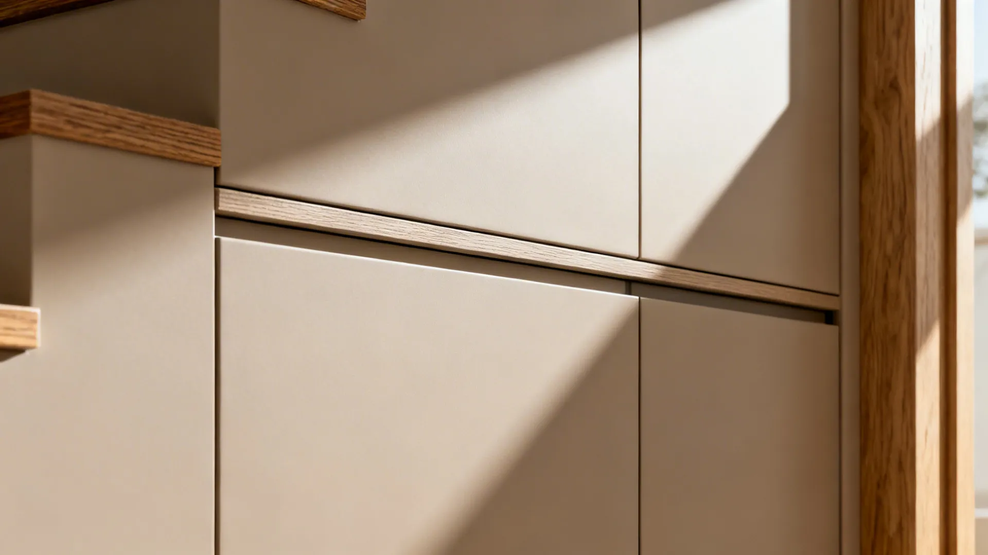Close-up of matte under-stair cabinet with push-latch and crisp shadow gap