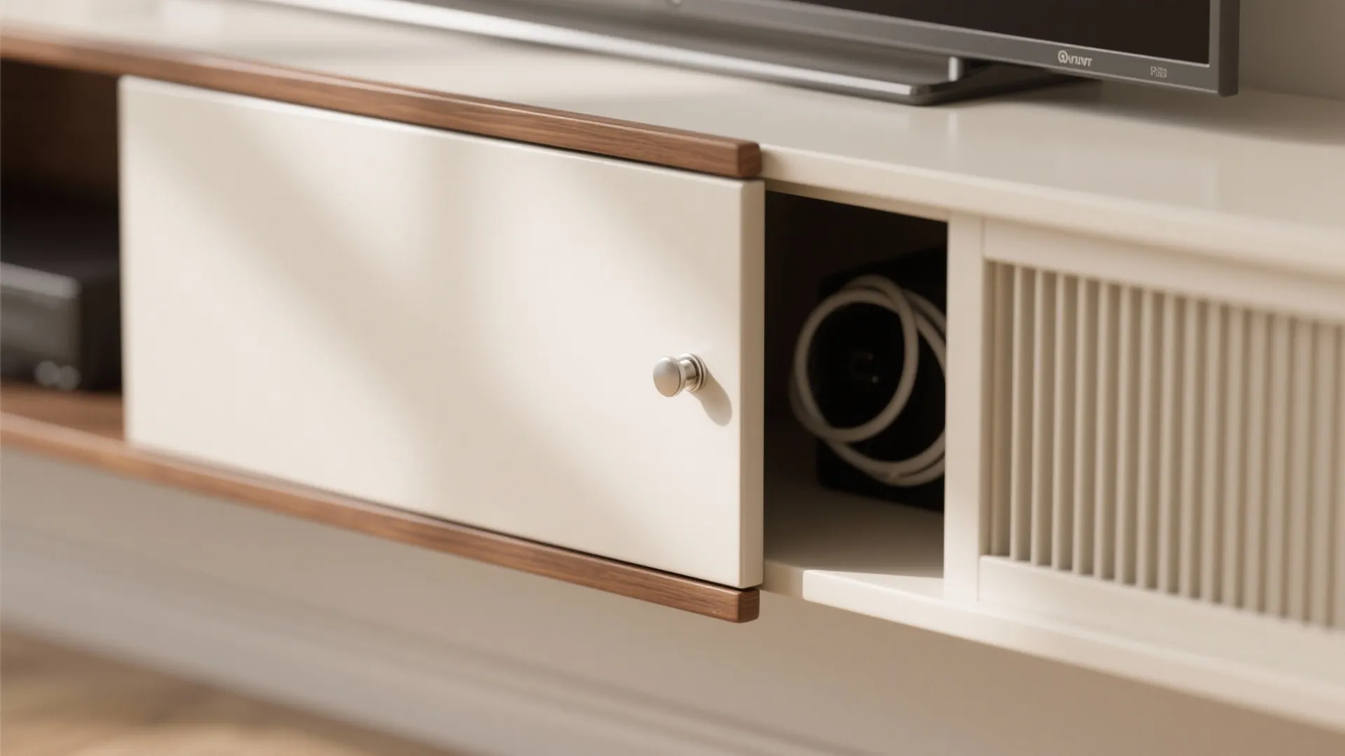 Minimalist floating TV wall with concealed storage