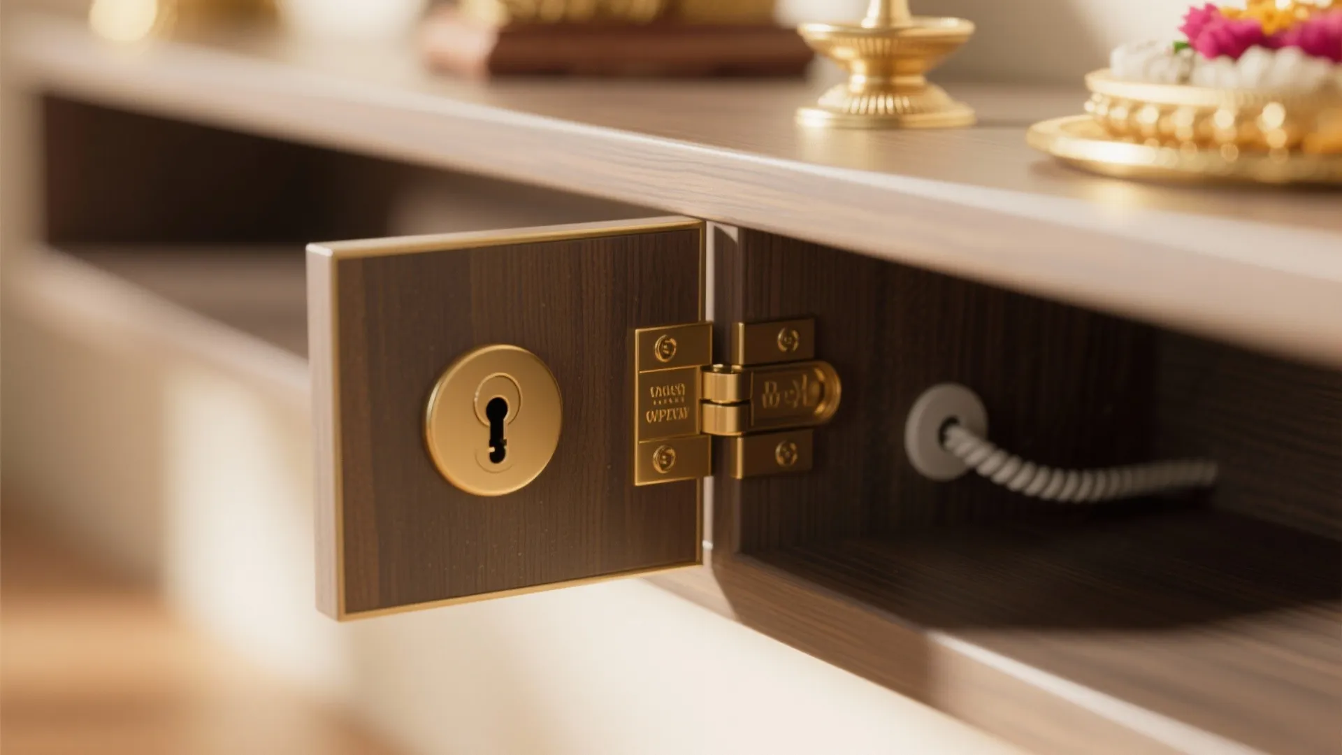 Close up of a wooden cabinet door with a gold hinge and a small keyhole