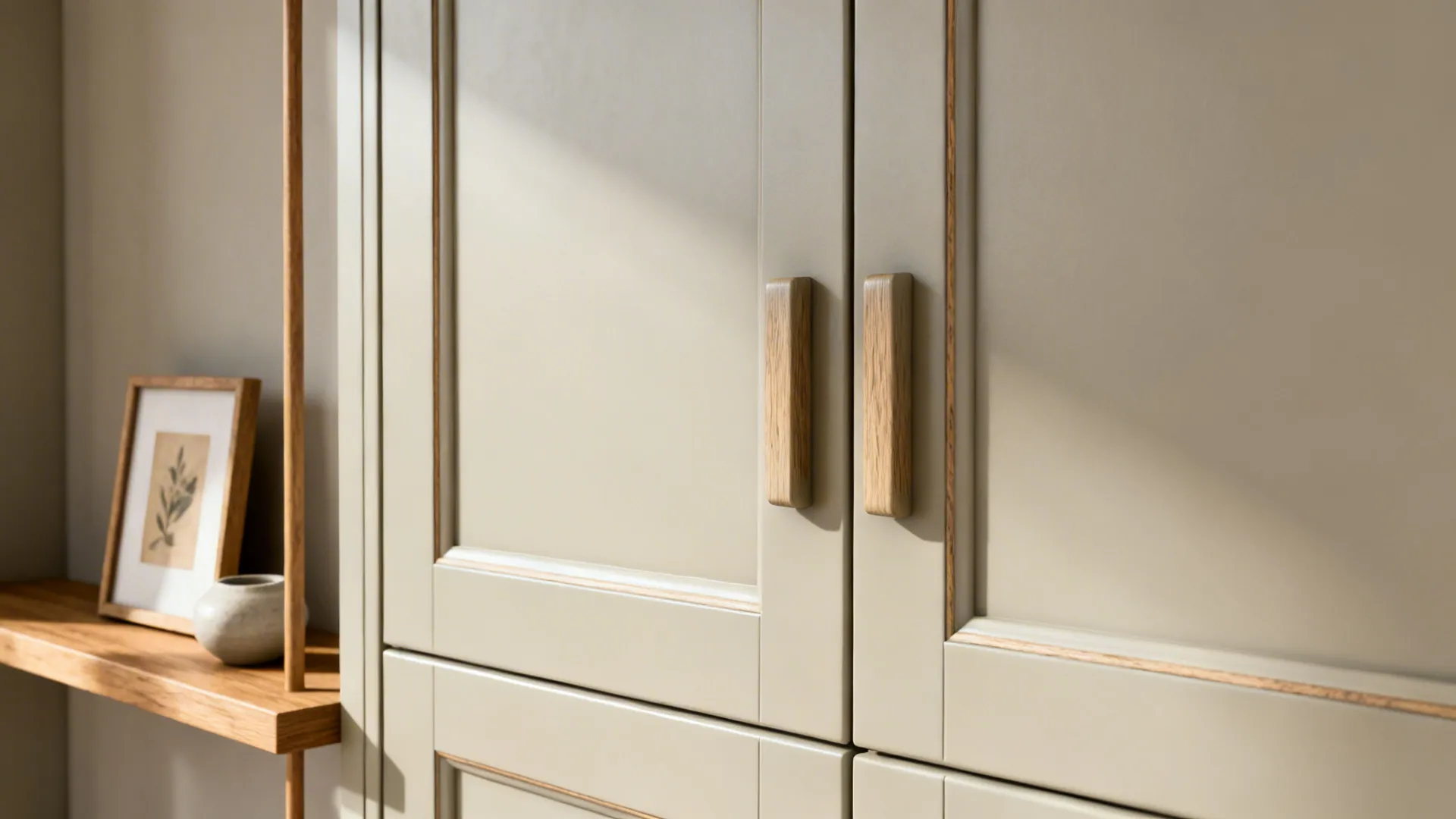 Close-up of pale greige push-latch cabinet doors and a slim oak shelf.