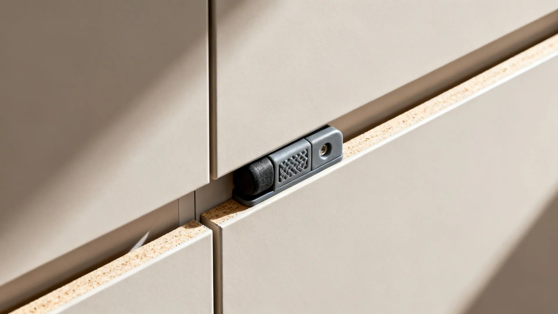 Macro of push-to-open latch location with tight reveal and bumper detail.