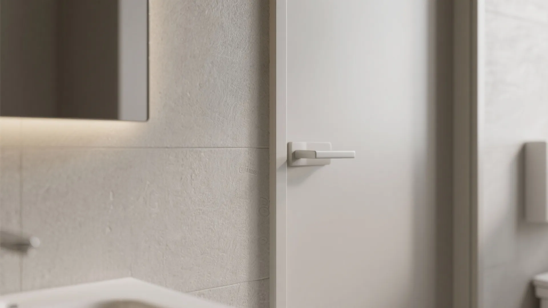 Modern white door with simple horizontal handle next to stone wall and bathroom sink mirror