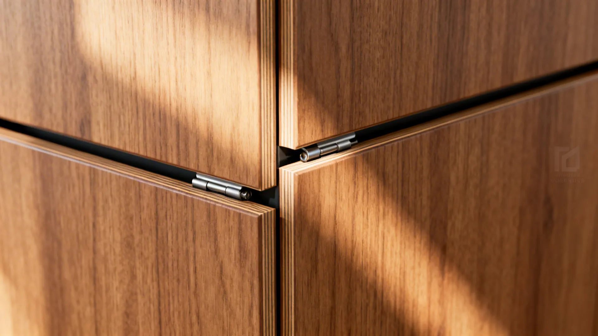 Macro of a push-to-open slab cabinet with precise reveals and oak-look texture.