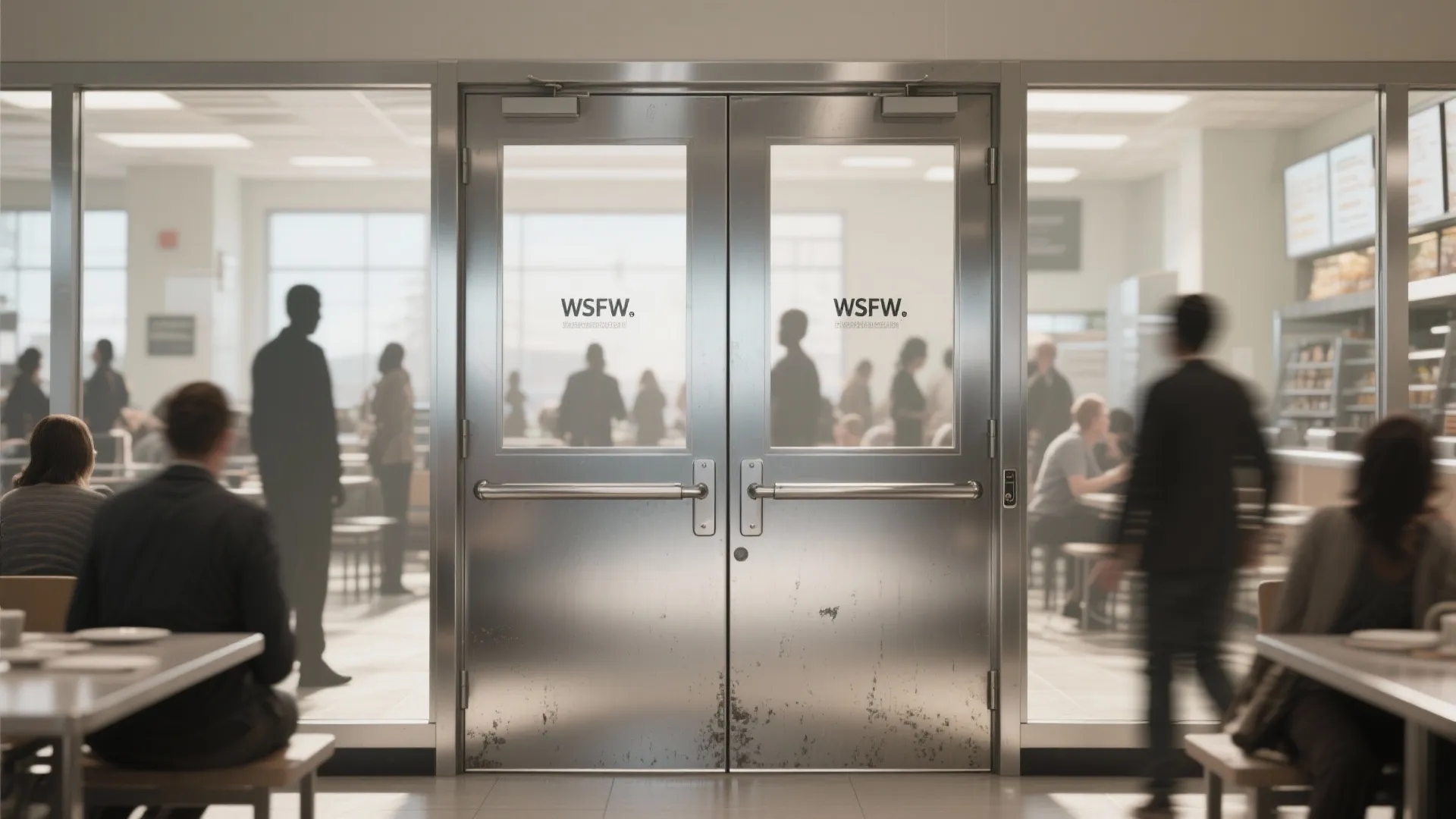 Modern metal double doors with push bars in a busy office cafeteria with blurry people