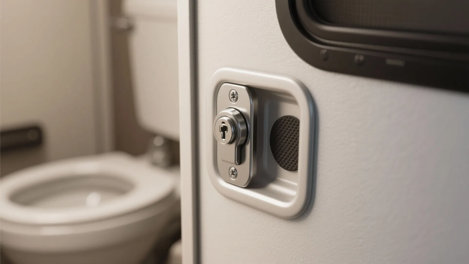 Close-up of a push-to-close latch with rubber pad inside strike to prevent rattling