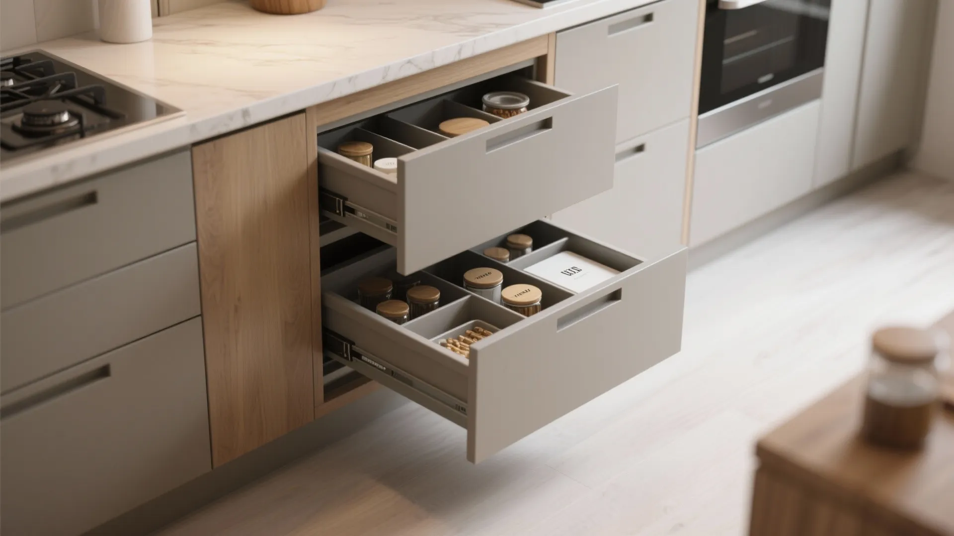 Handle-free push-to-open base cabinets with organized drawers in a minimalist kitchen.