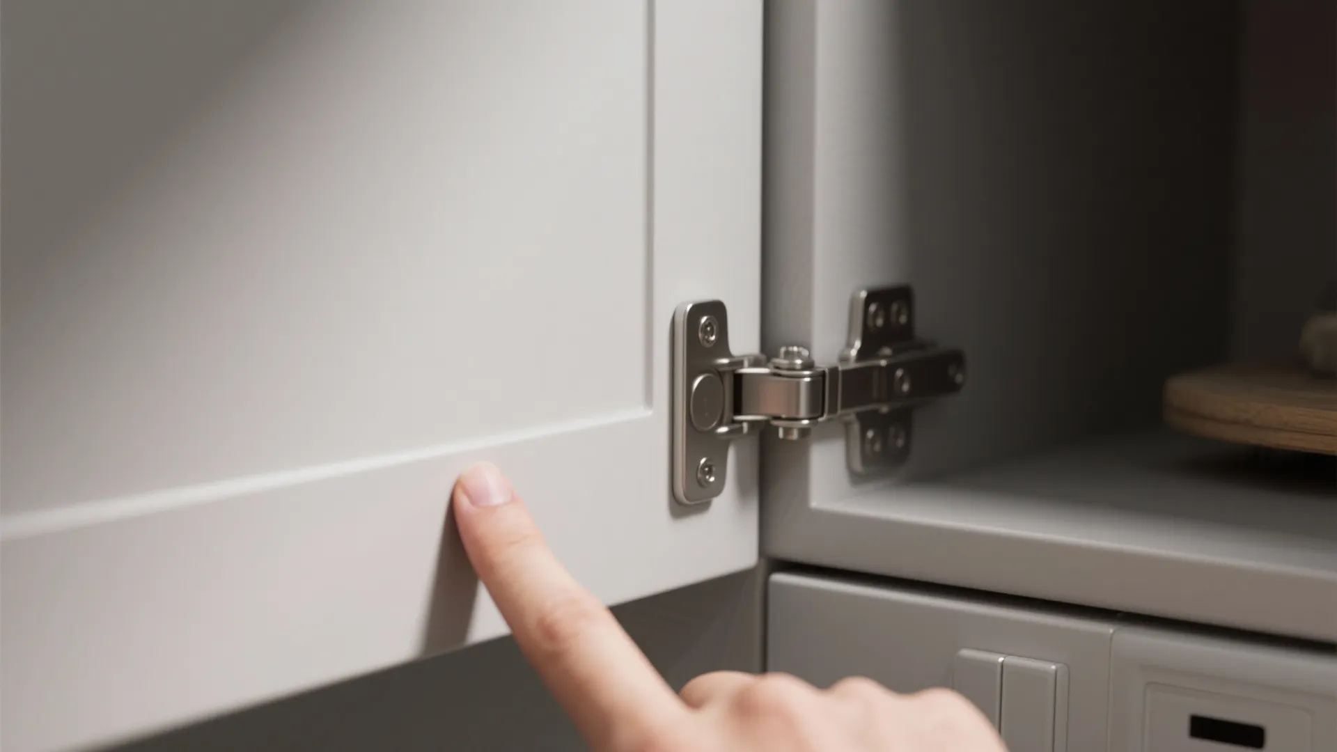 Person pushing a grey cabinet door showing metal hinge for easy opening in modern kitchen
