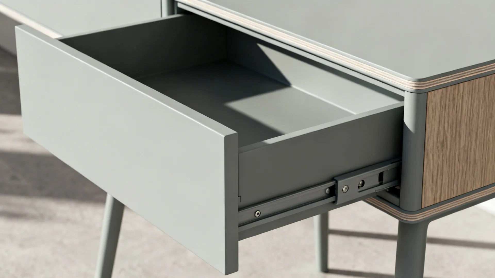 Close-up of a push-to-open drawer on a minimalist side stand with ultra-matte finish.