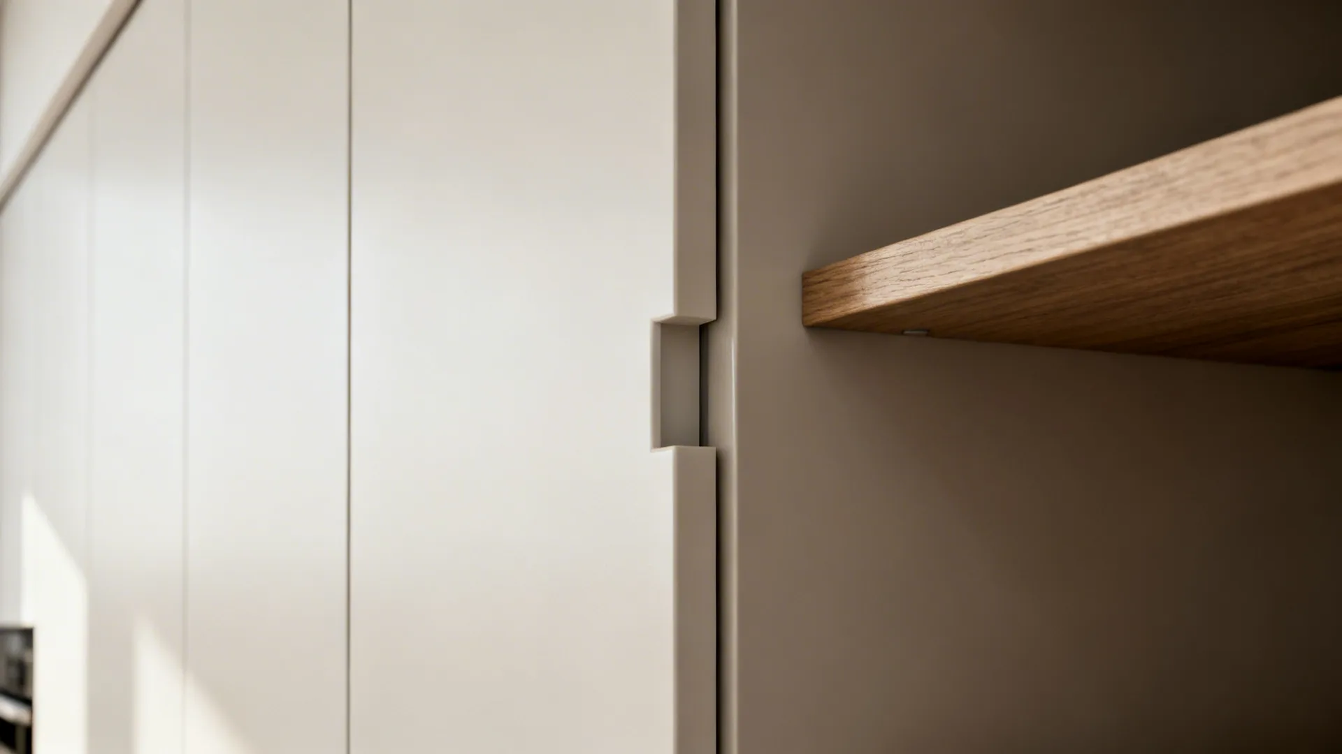 Macro of a push-to-open slab pantry door with precise reveals and matte finish.