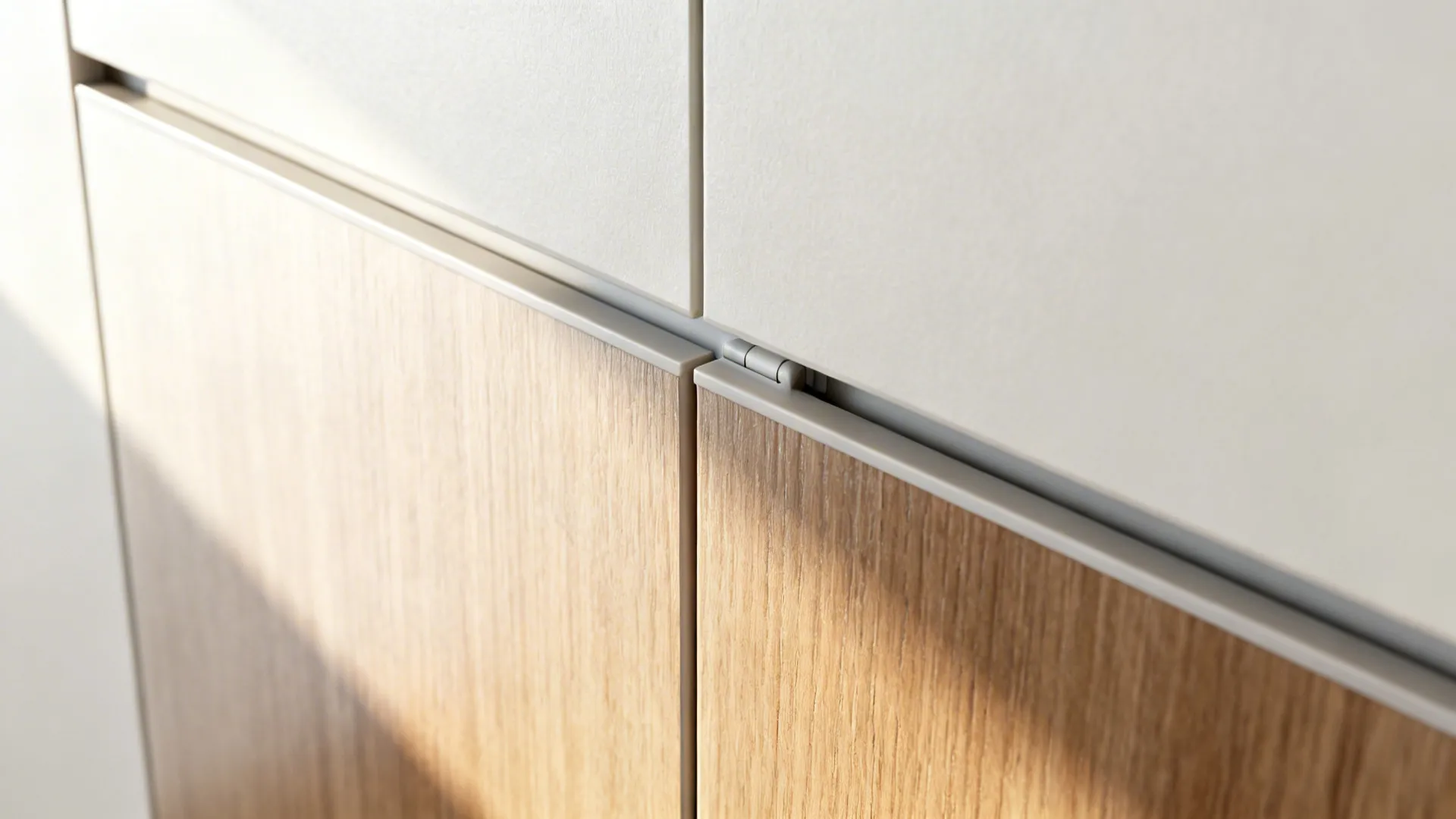Macro of matte cabinet door with ABS edge and push-to-open hardware in soft daylight.