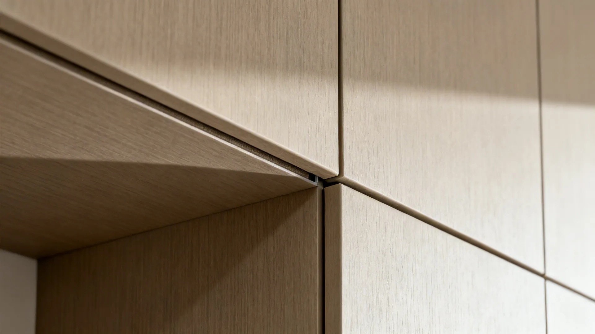 Macro detail of a matte greige cabinet with push-to-open hardware and crisp edge banding.