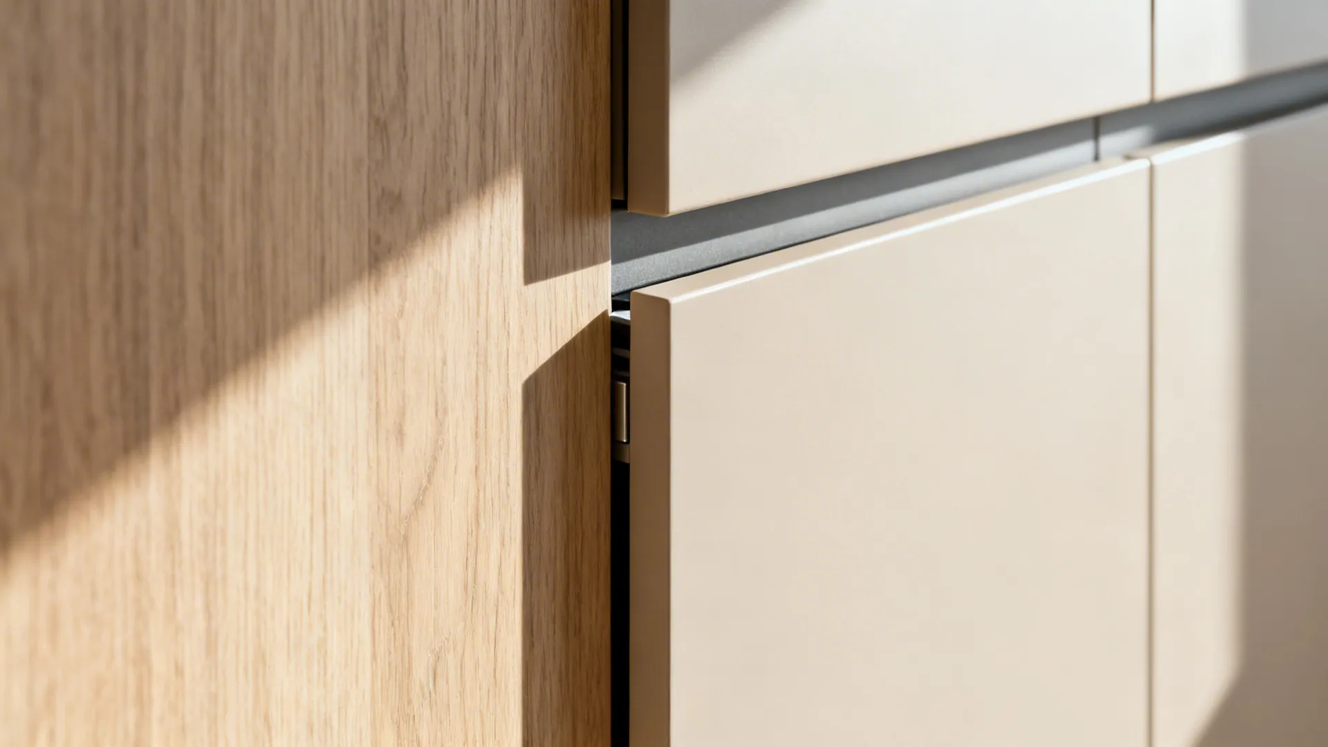 Macro detail of a push-to-open matte laminate cabinet with precise flush alignment.