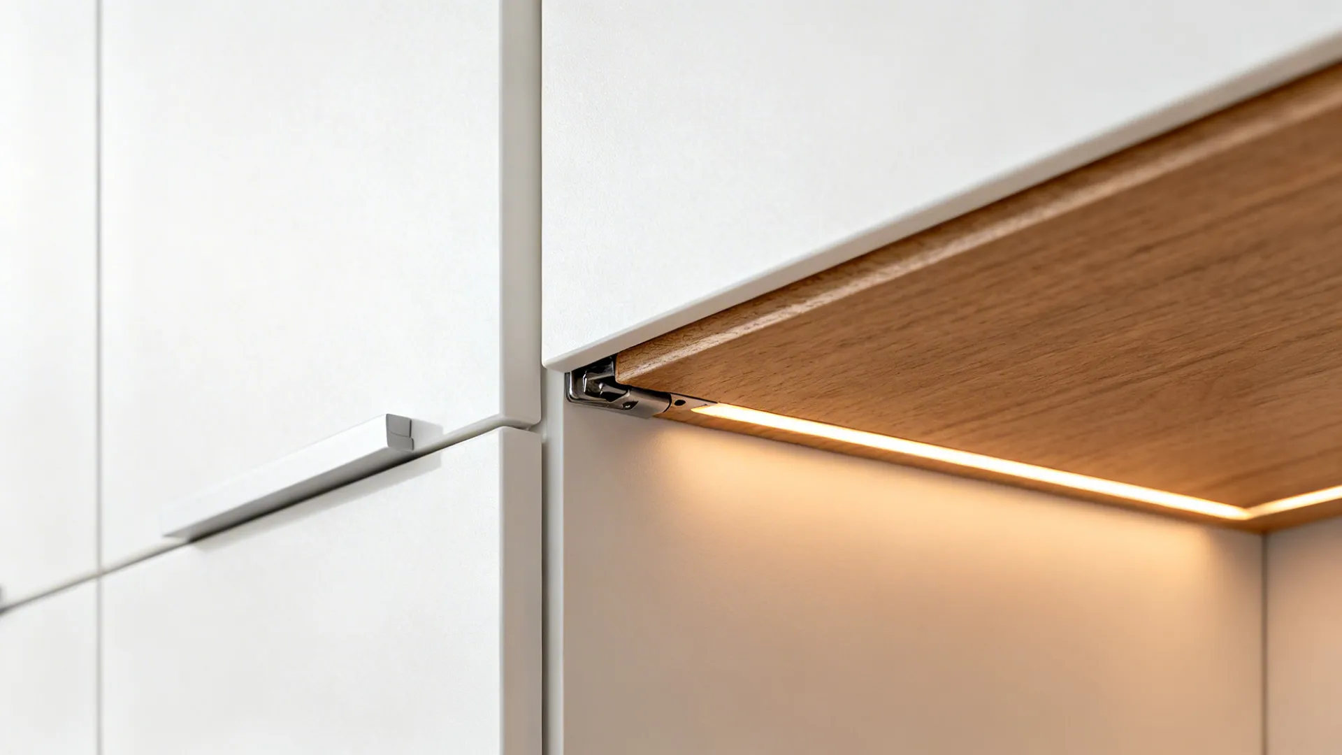 Close-up of a matte white slab door with integrated pull and push-to-open hardware.