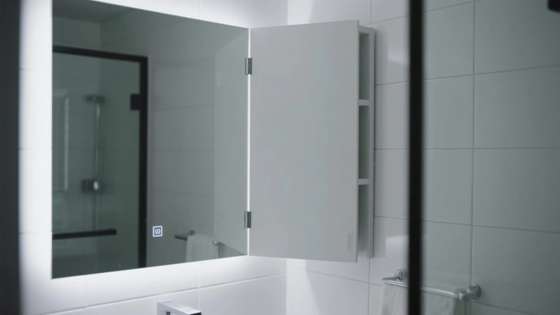 Wall mounted bathroom cabinet with open door and lighted mirror over a white tiled wall