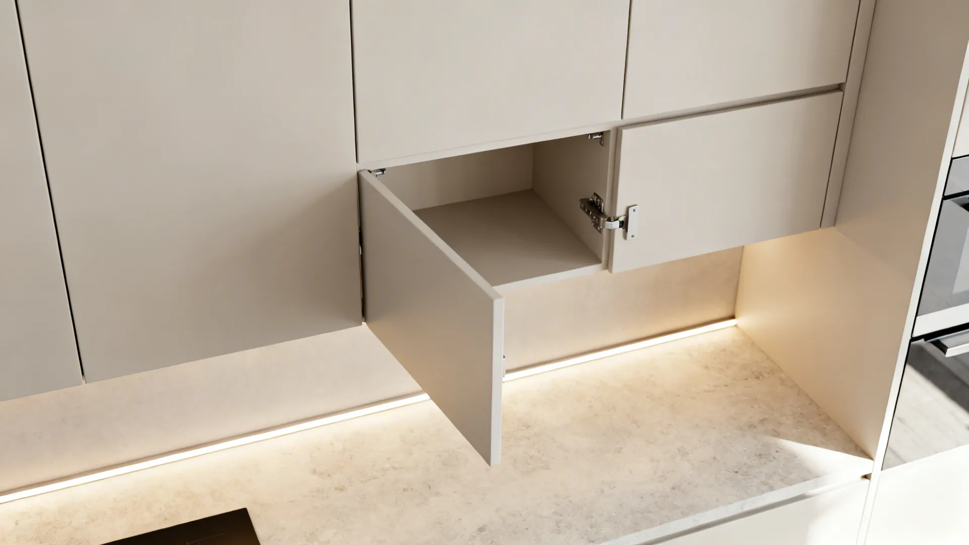 Top-down view of push-to-open upper cabinets with a seamless plane and soft under-cabinet lighting.