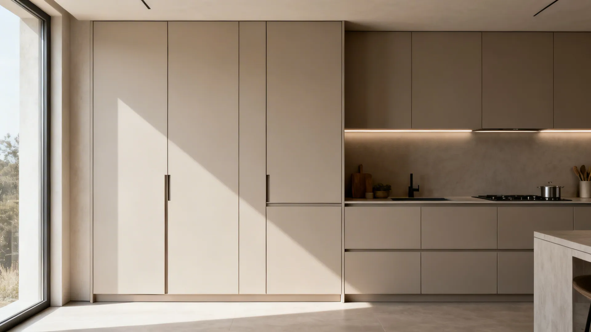 Flush push-to-open upper cabinets with even reveals and matte finish.