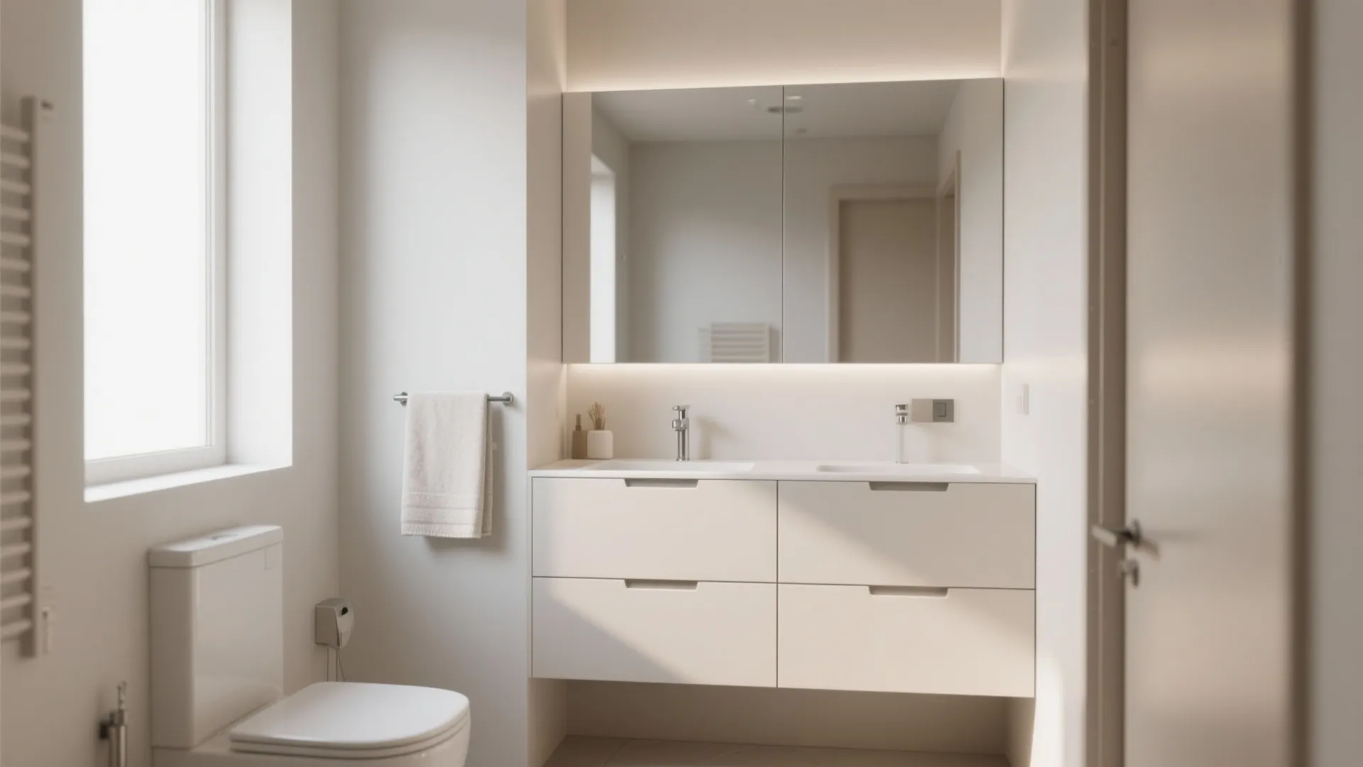 Modern white bathroom cabinet with two sinks mirror with light toilet and large bright window