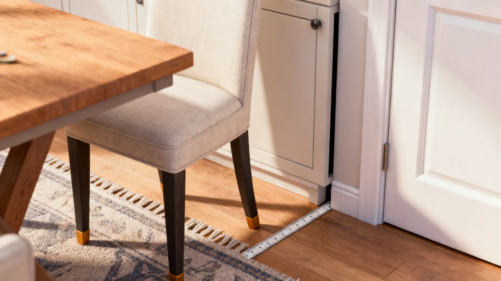 Macro of chair pushback showing comfortable clearance to a shallow sideboard.