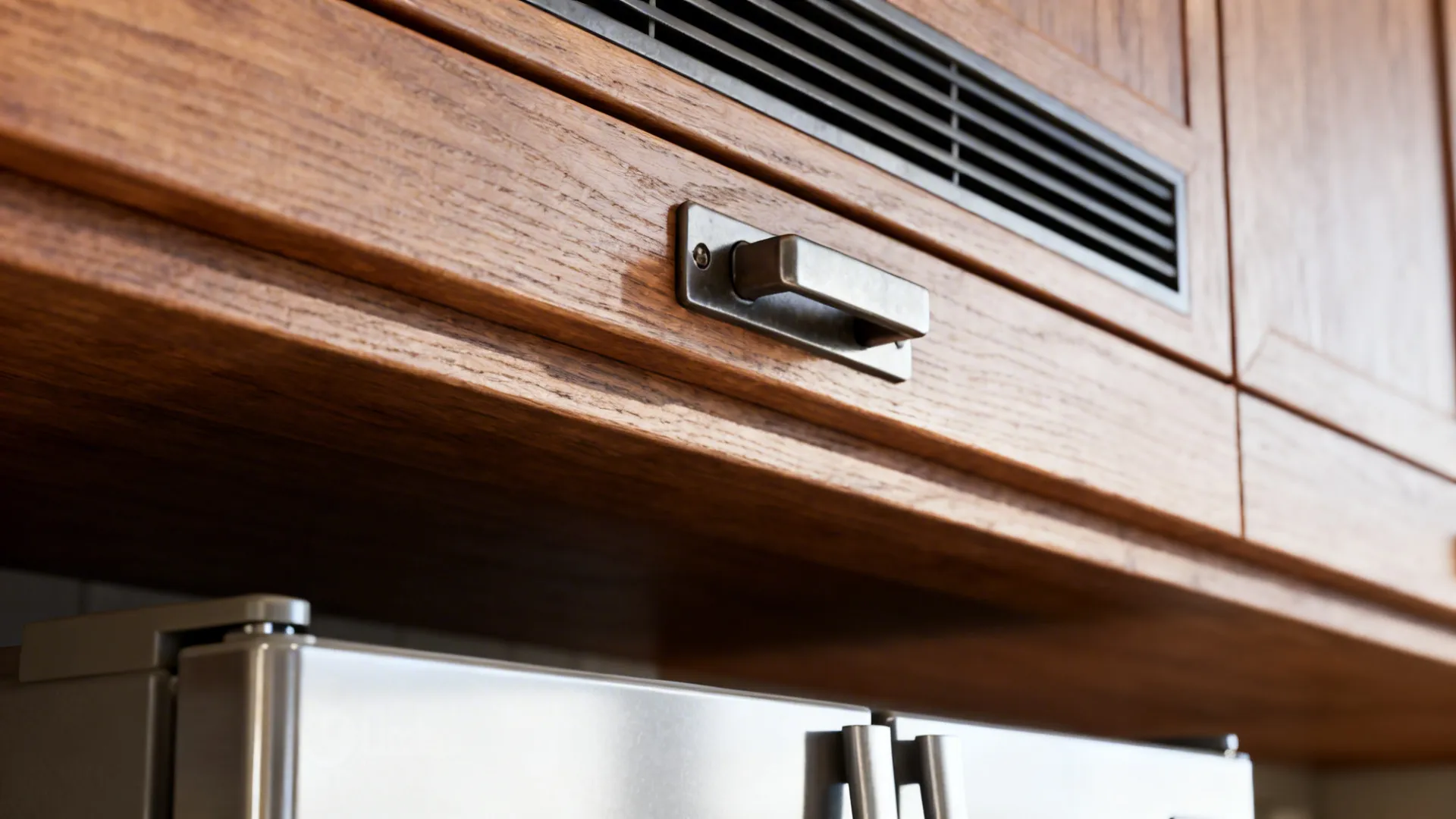 Close up view of wood kitchen cabinet with metal handle and small black ventilation grill