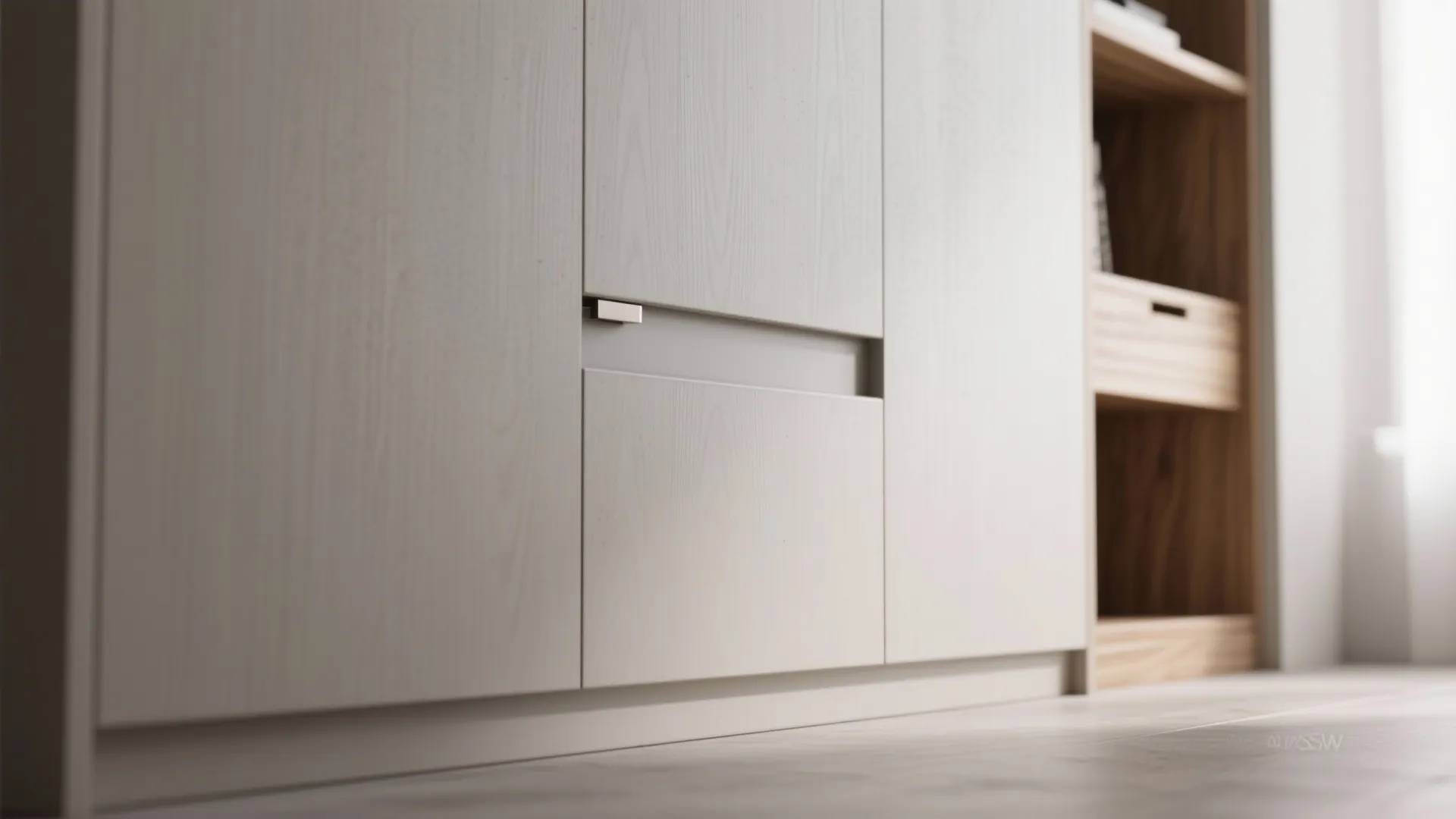 Minimalist storage wall for a calm living–dining