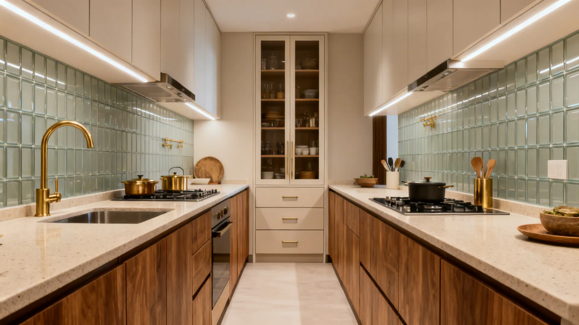 Galley kitchen with wood cabinets white upper units blue tile backsplash and central glass cupboard