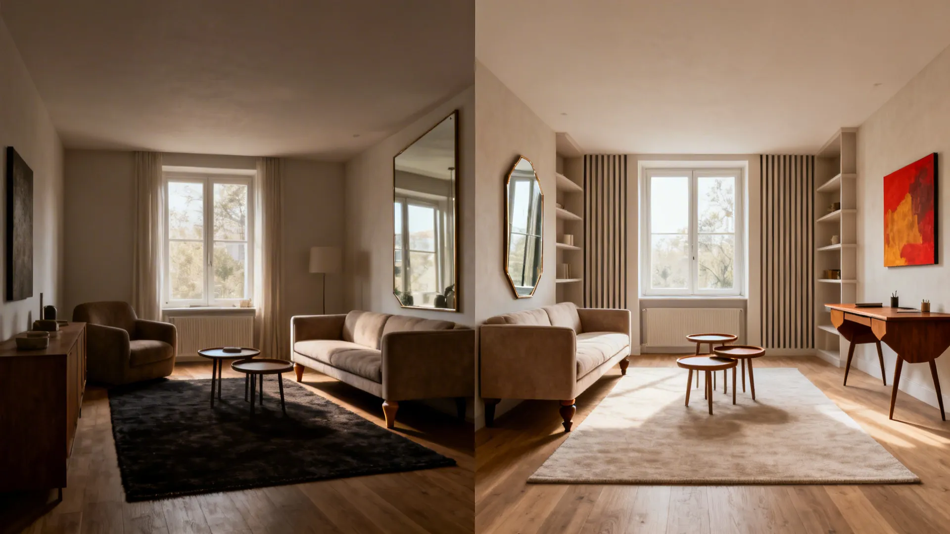 Before-and-after of a small living room transforming with low-profile furniture and brighter palette.