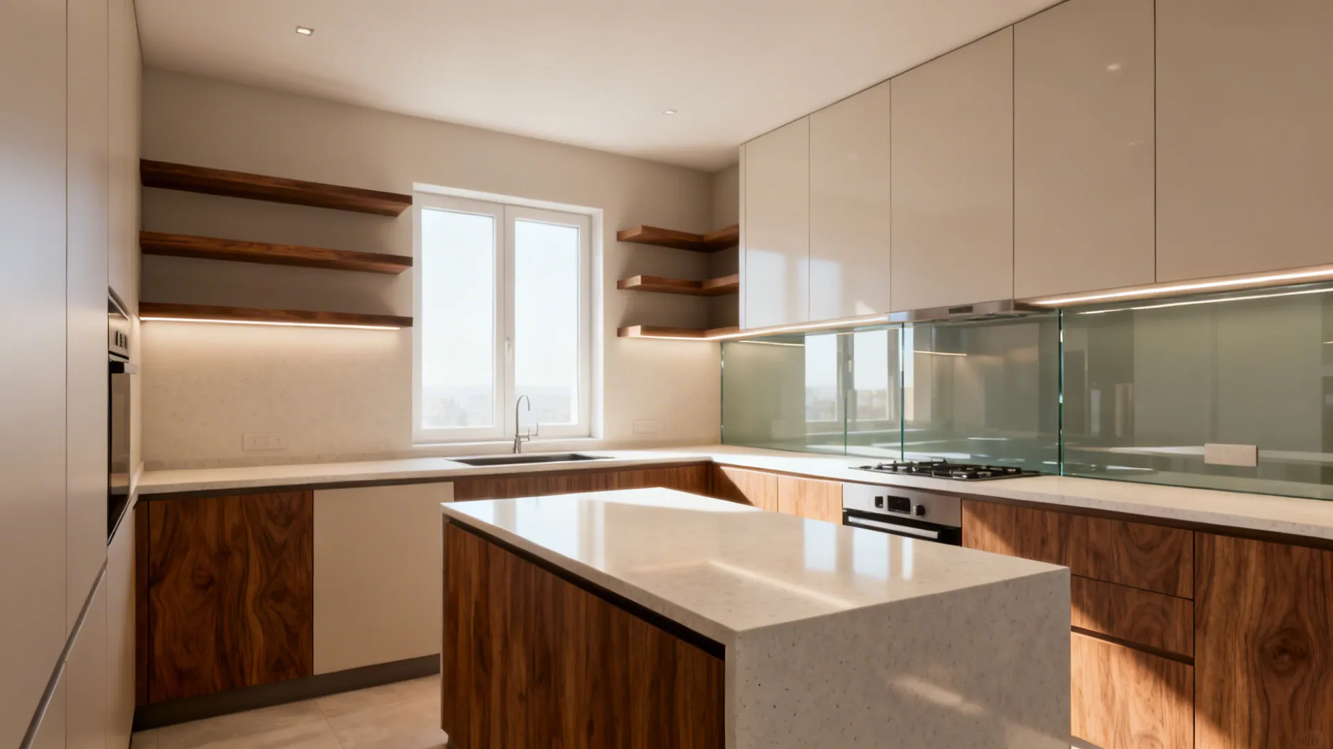 Cohesive small L-shaped kitchen with glass backsplash and walnut accents in soft daylight.