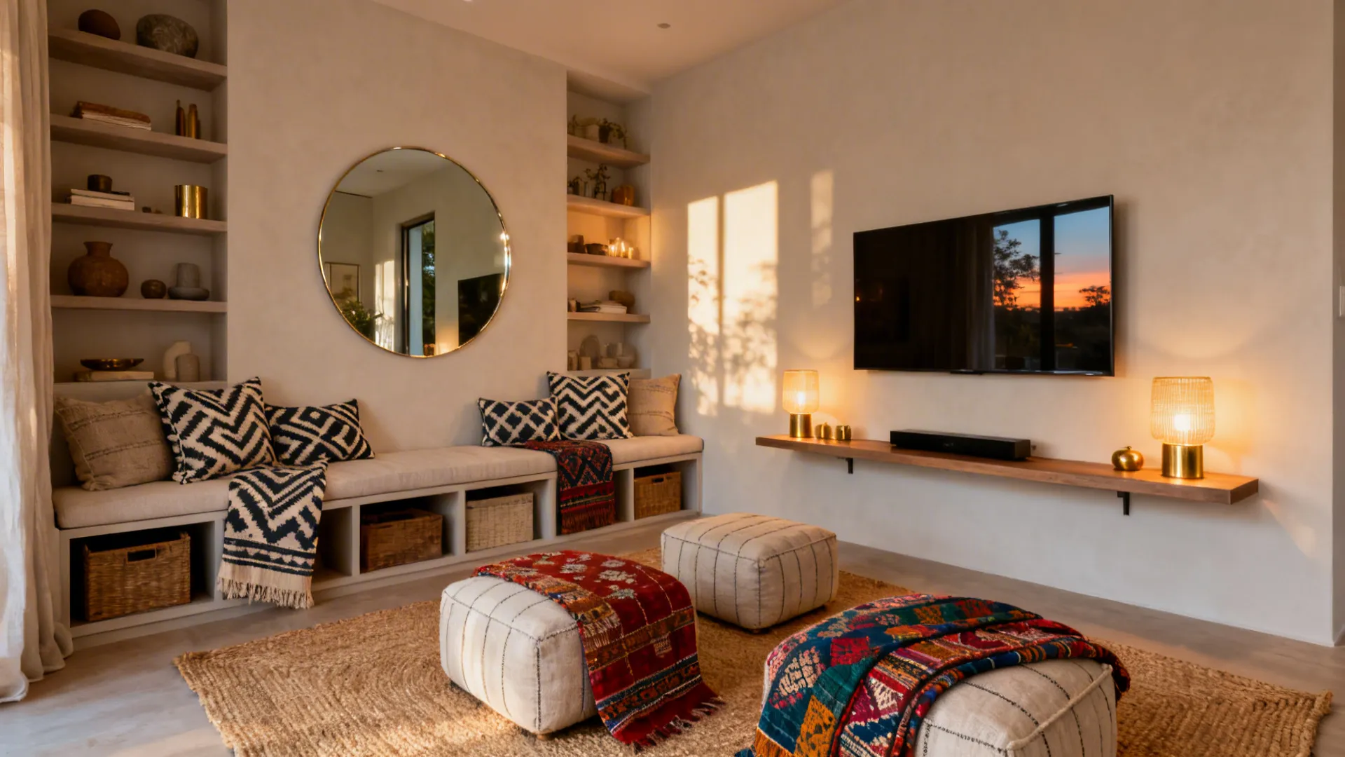 Complete living room with light walls, modular seating, slim console, curated shelves, crafts, and layered lighting.