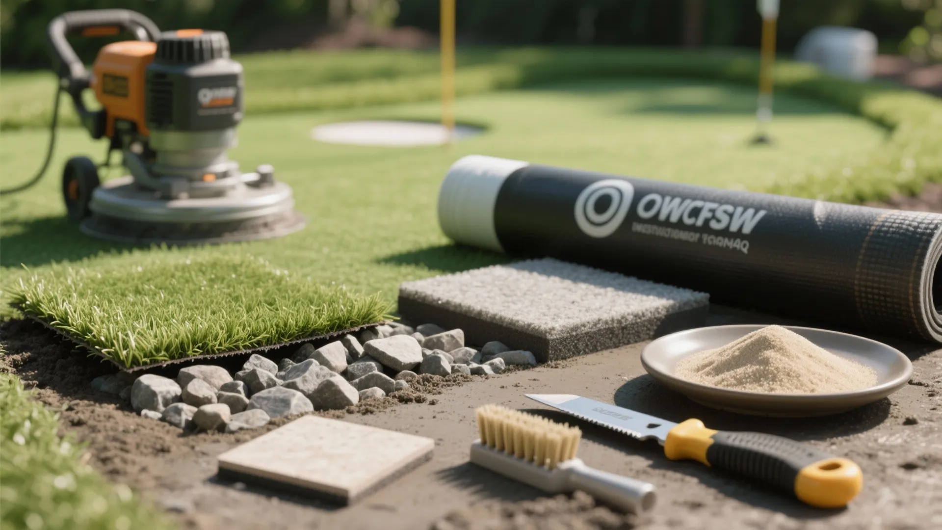 Installation materials for artificial grass including sand stones brush and small power tool for garden