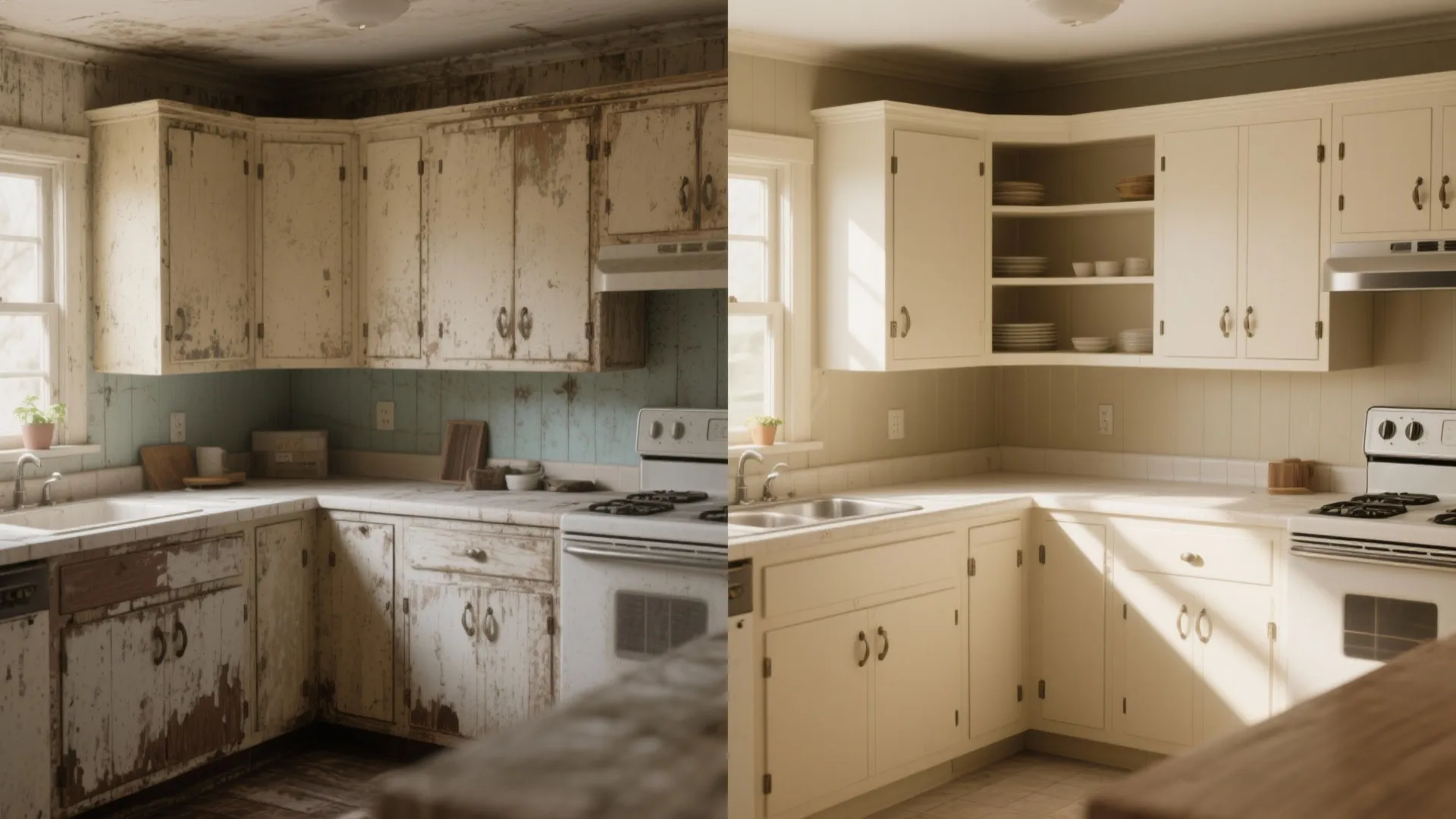 Before-and-after of a kitchen refreshed with painted putty cabinets, new hardware and open shelving.