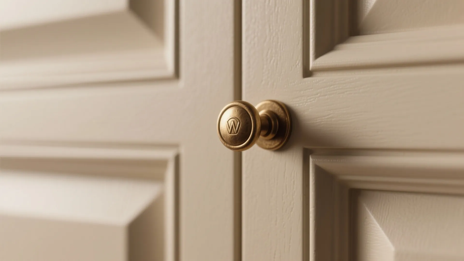 Close-up of putty cabinet door with matte brass hardware showing texture and warm finish.