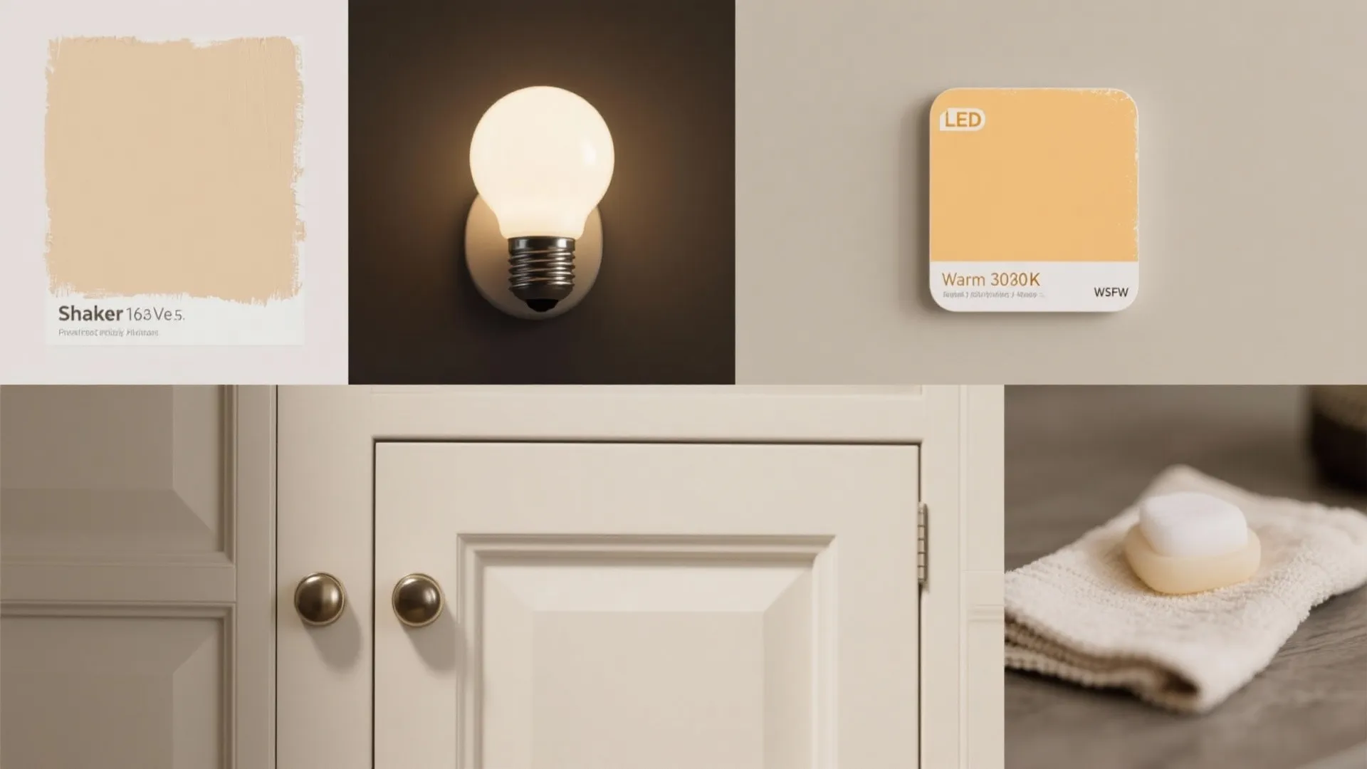 Collage of paint swatches, LED bulb sample, cabinet profiles and cleaning supplies illustrating putty cabinet FAQs.