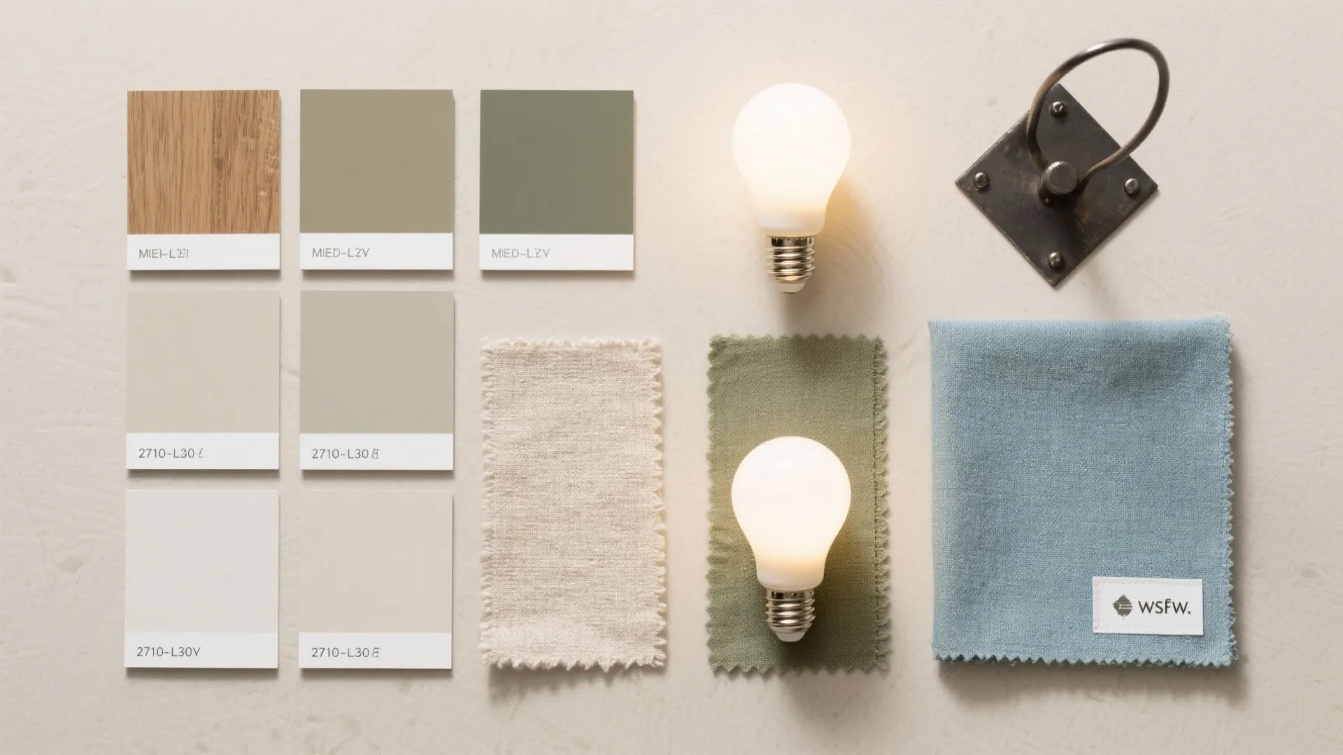 Interior design mood board with color paint samples fabric swatches light bulbs and wall light