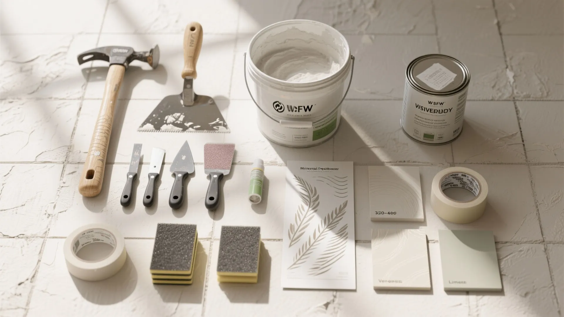 Various home renovation tools including hammer putty knife paint bucket tape and sponges on white floor